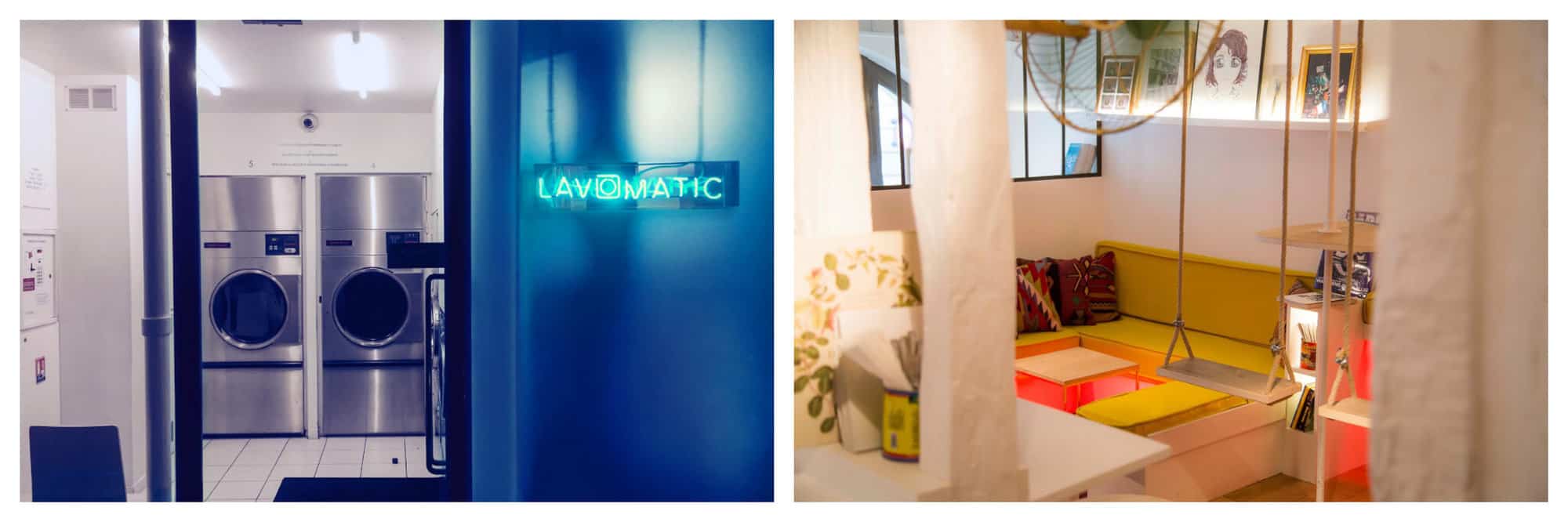 Left: the entrance to the bar in Paris "Lavomatic." I looks like a laundromat, but there is a bright blue neon sign to the right that says "Lavomatic." There are two washing machines visible. Right: The interior of "Lavomatic." There are several benches with yellow cushions and other colorful pillows. There is also an indoor swing. 