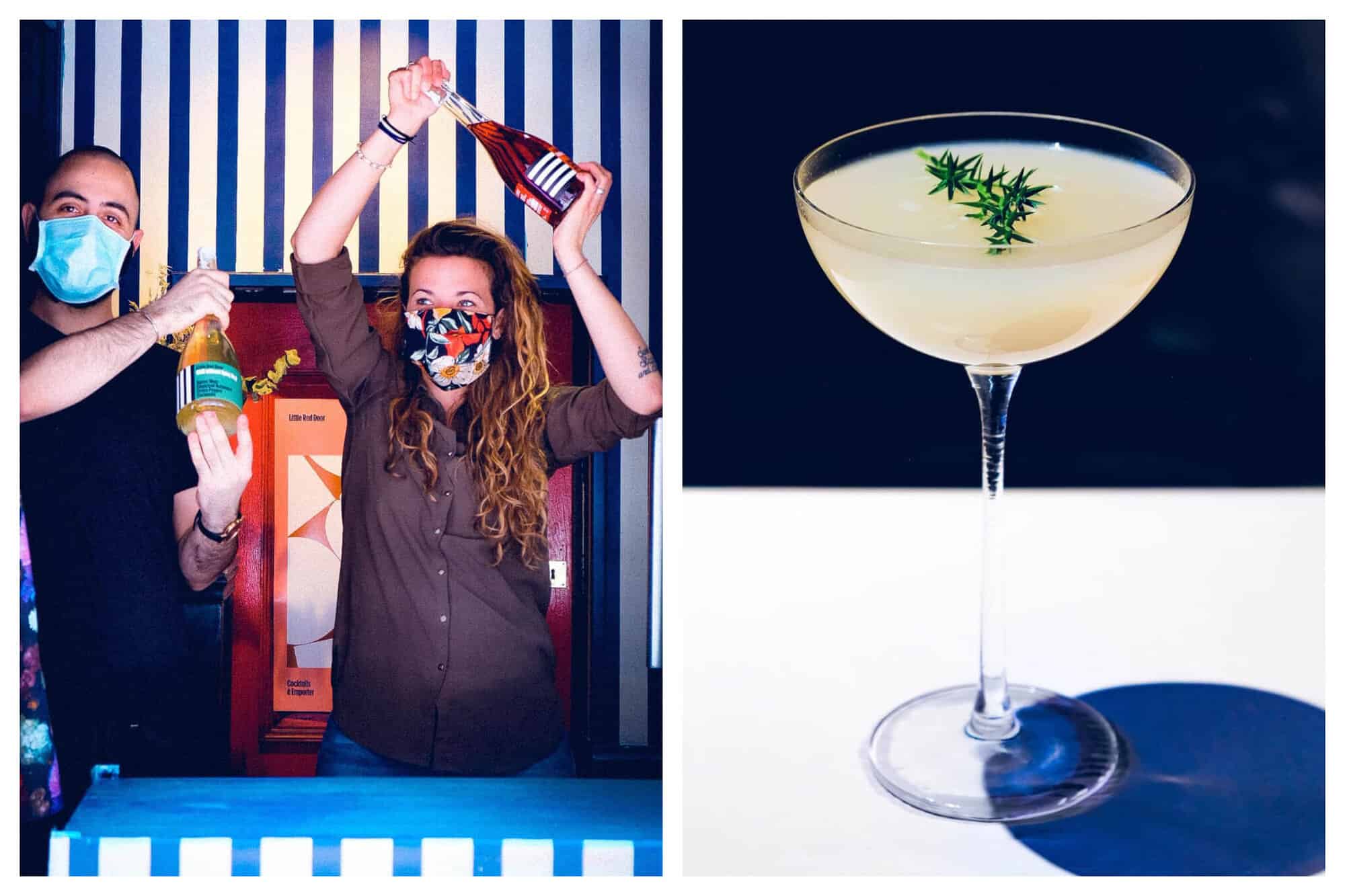 Left: two bartenders at the bar in Paris called "Little Red Door." They both have face masks on and are holding bottles of wine up. The wall behind them is blue and white striped. Right: A cream colored cocktail with a sprig of greenery in it on a white table. The background is dark blue.