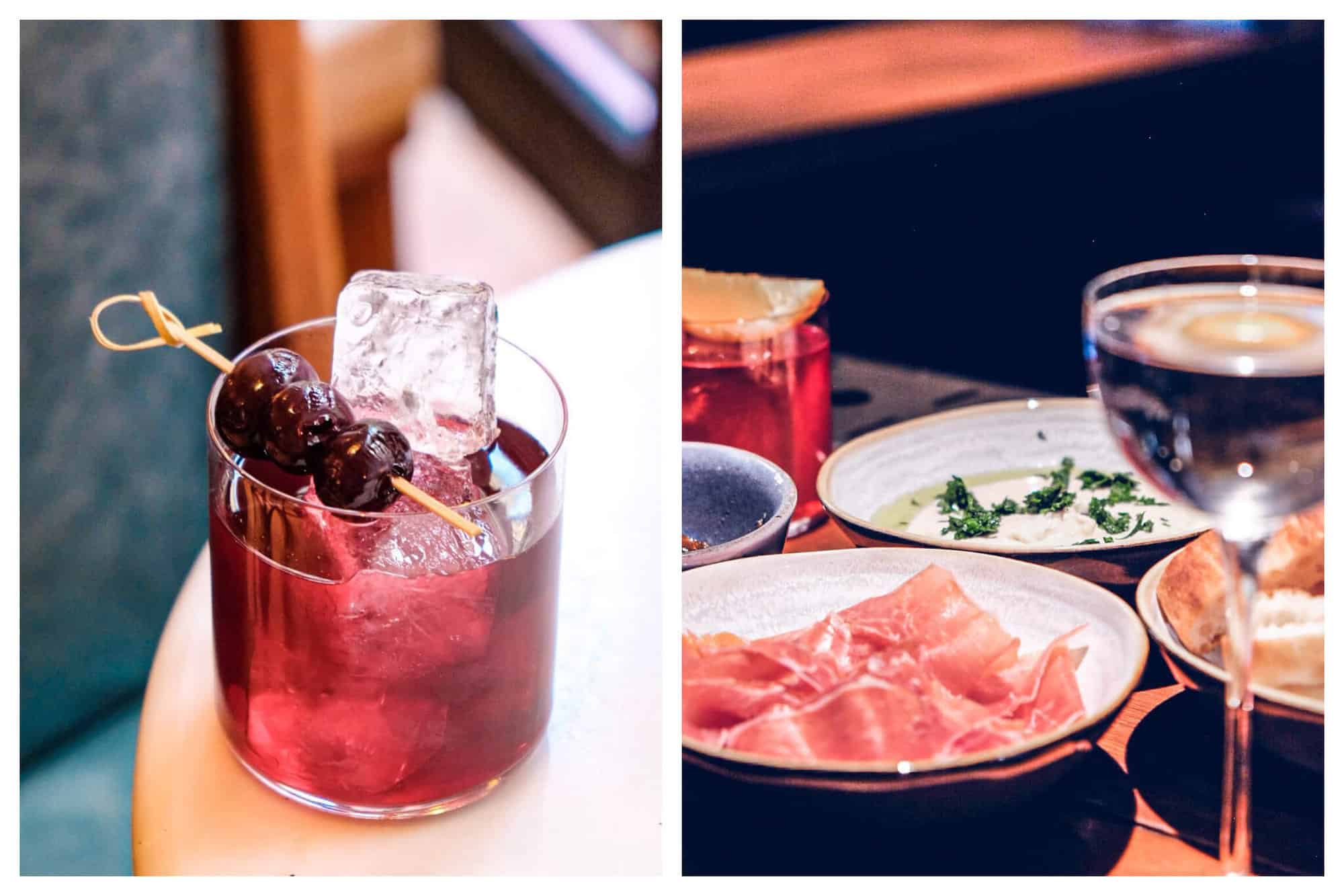 Left: a drink at the bar in Paris called "Little Red Door." The drink is red and there are several ice cubes in it as well as three blueberries on a toothpick resting on top of it. Right: plates of food at "Little Red Door.3 There is a meat dish, a bowl of tzatziki, a cut up baguette, and two drinks.  