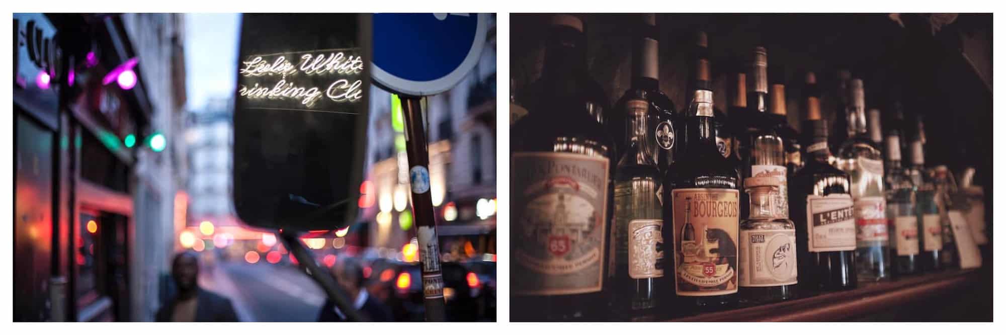 Left: a street in Paris. In the mirror of a motorcycle, the words "Lulu White Drinking Club" are visible. The surrounding street is out of focus and cars' break lights are visible. Right: a shelf filled with liquor bottles in a bar.