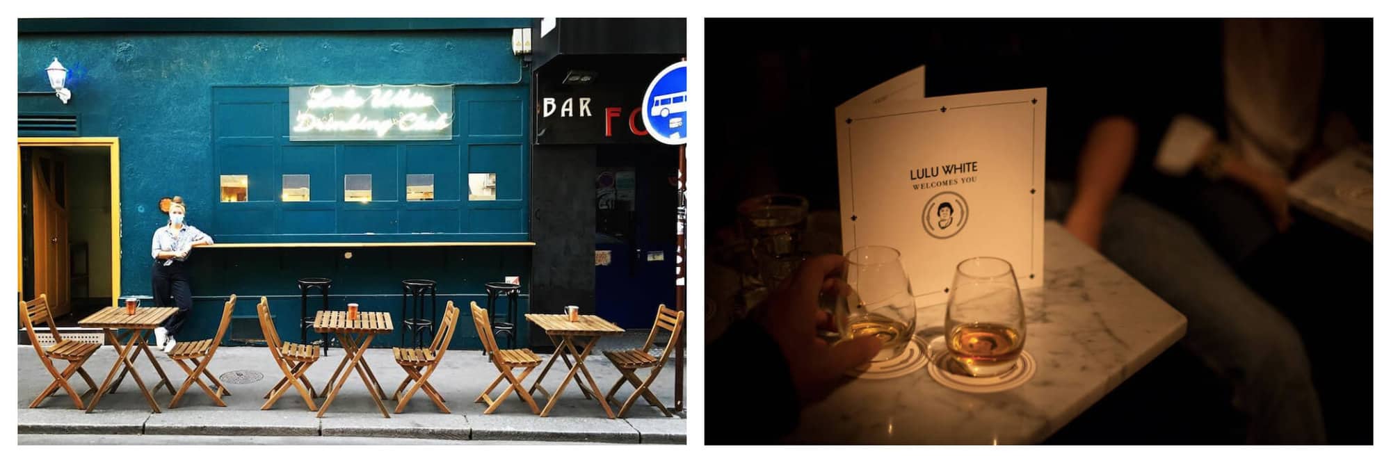 Left: The exterior of the bar in Paris called "Lulu White." The building is teal colored and thee are several tables and chairs outside. There is a woman standing against the building. Right: The interior of "Lulu White." There is a table with a menu and two drinks on it with someone's hand reaching for a drink. The menu is lit up but the rest of the image is dark.