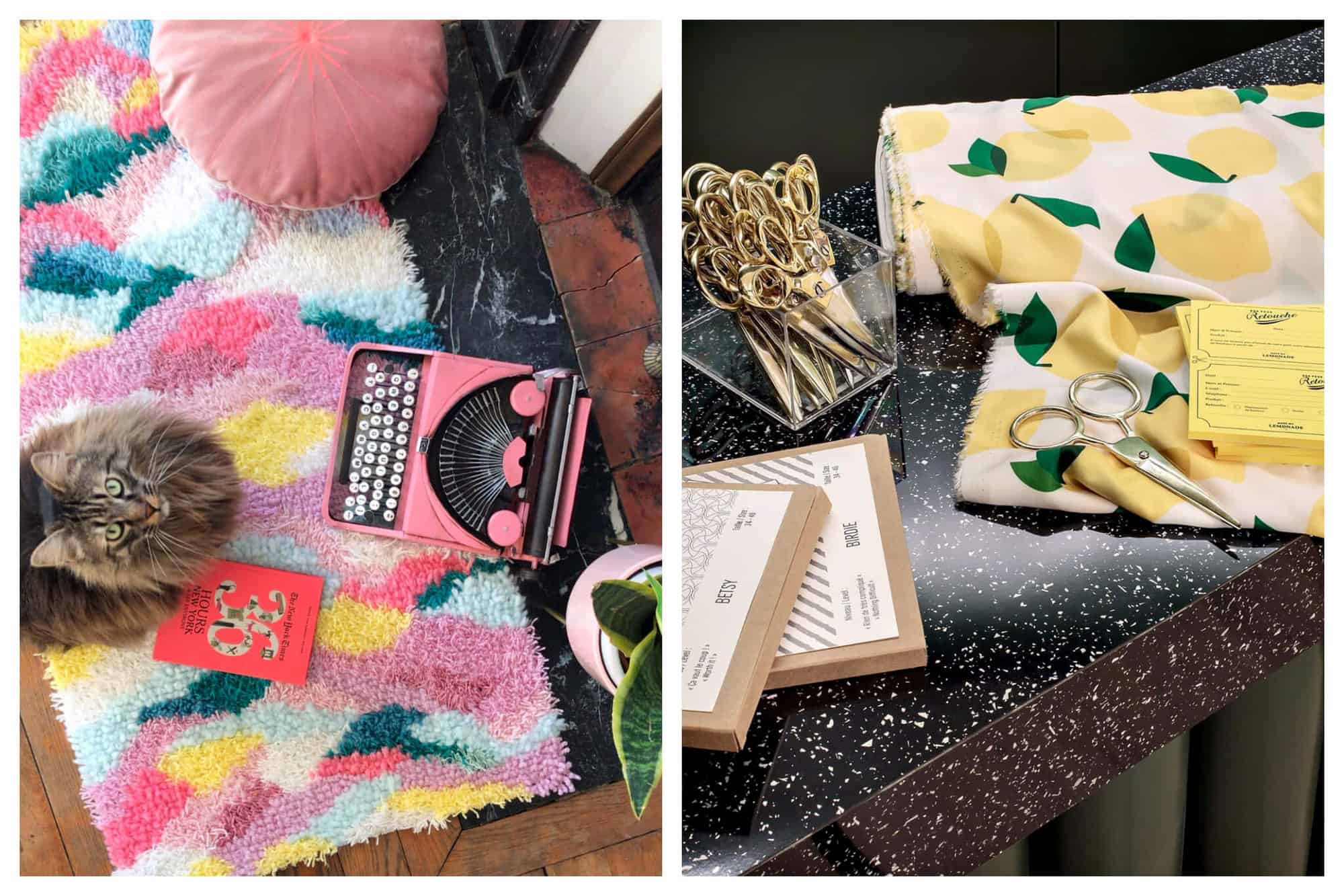 Left: an aerial view of a cat looking up at the camera, a bright multi colored throw rug, a pink pillow, a bright pink typewriter, and a house plant. Right: A large roll of fabric with yellow lemons with green leaves on it. There is a small plastic container with several gold scissors in it. There is a larger pair of silver scissors on the piece of fabric.