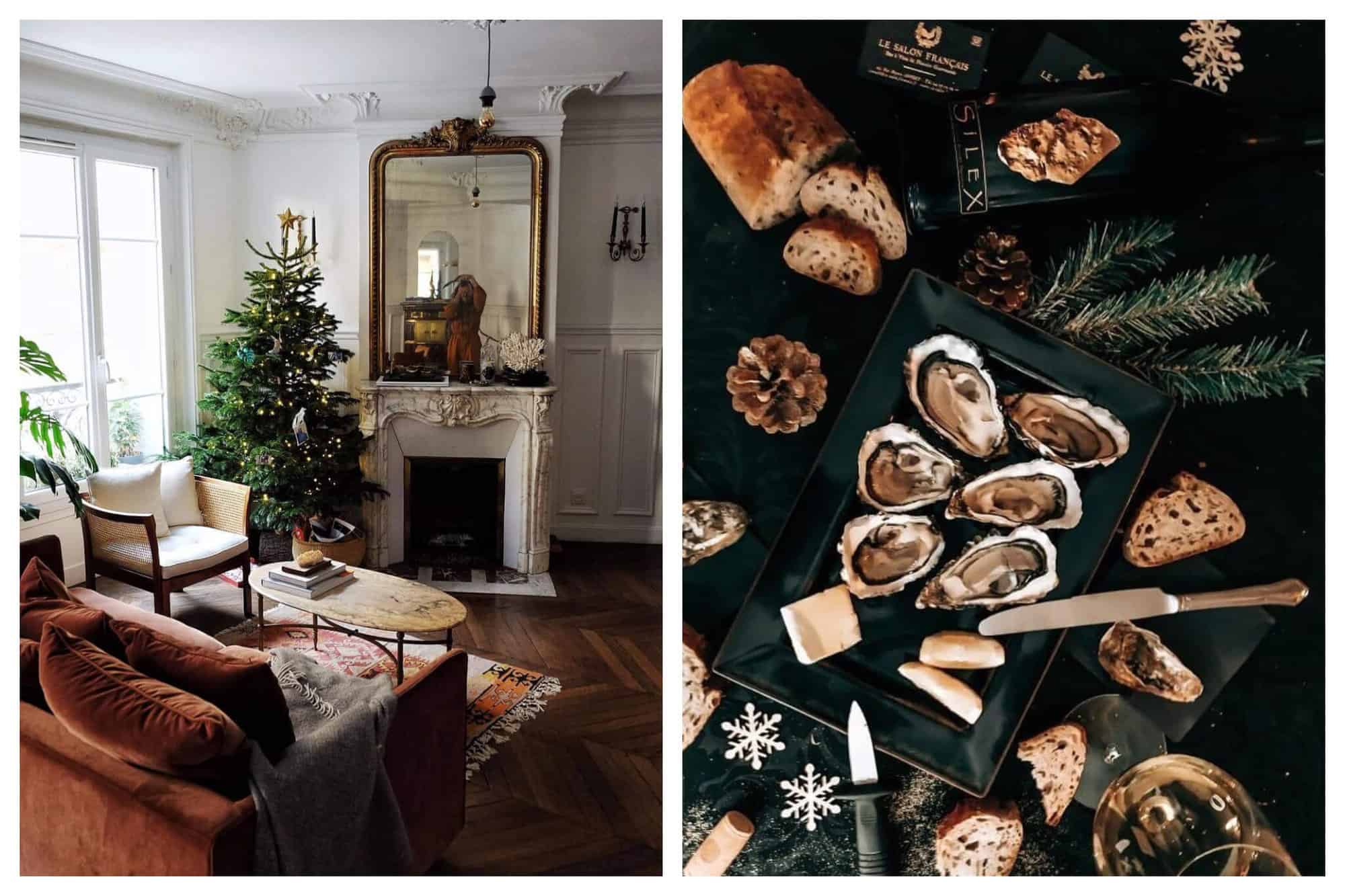 Left: the interior of a Parisian apartment at Christmastime. There is a large brown velvet couch to the left and a Christmas tree to the left of a fireplace straight ahead. There is a large gold framed mirror over the fireplace. The walls are white and there are hardwood floors. Right: an aerial view of a table with a plate of oysters, bread, butter and a butter knife. The table is dark green and is decorated with pine branches, pine cones and silver snowflakes.
