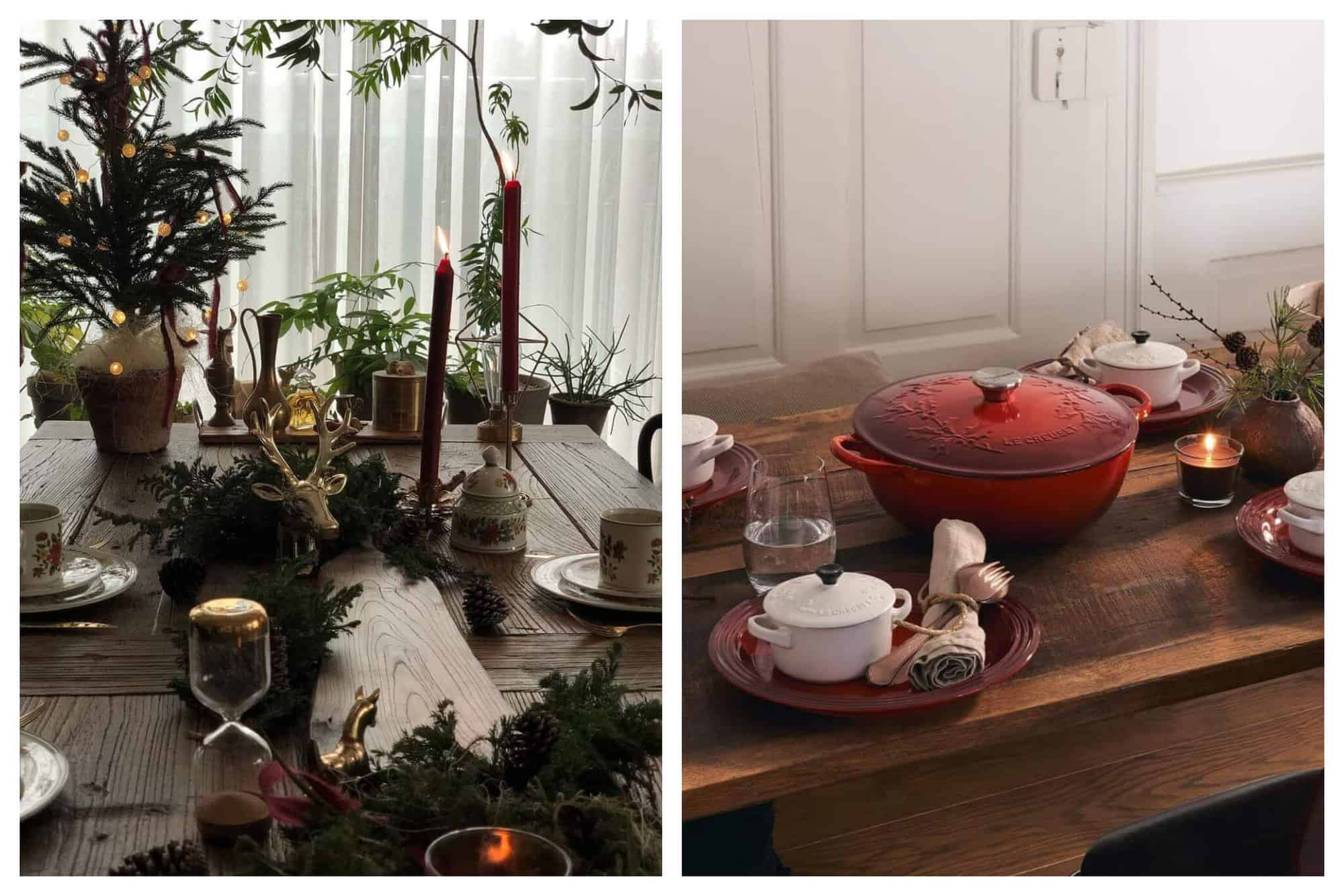 Left: a table set for a Christmas eal. There are several place settings with coffee cups. There are several sprigs of pine, red candles that are lit, and reindeer made out of gold. There is a bouquet of pine branches in the top left corner. Right: a table set for a Christmas dinner. there are four place settings with red plates and mini white casserole pots. There is a small lit candle and a small bouquet of pine branches next to a large red casserole in the center of the table.