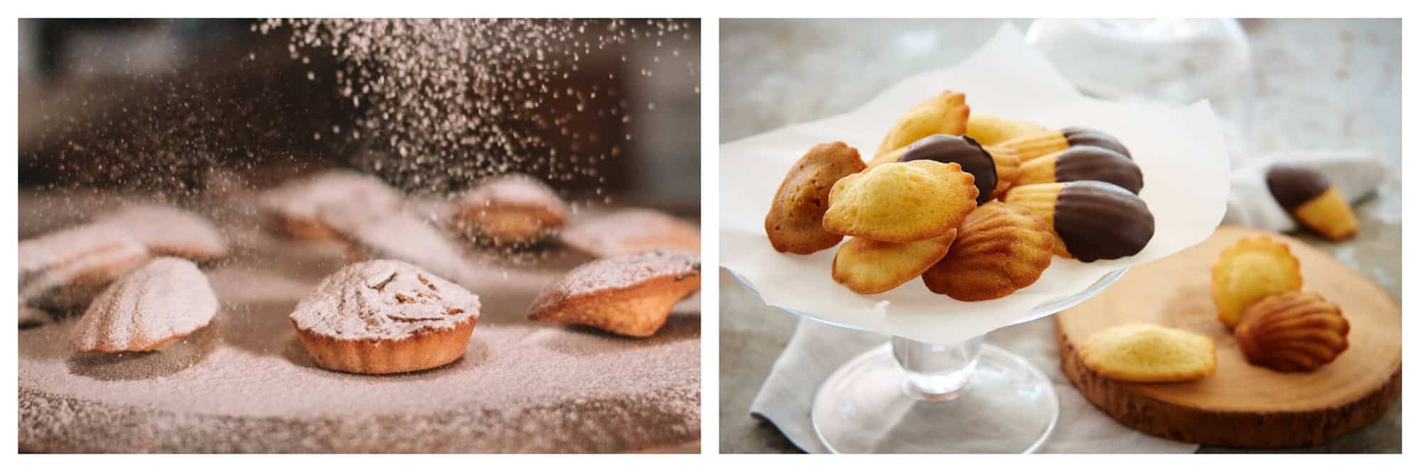 Left: a tray of French desserts called madeleines being covered in powdered sugar. The sugar is visible on the cakes as well as in the air. Right A white platter of madeleines. There is also a small cutting board to the right with more cakes. Some of the madeleines are covered in chocolate.