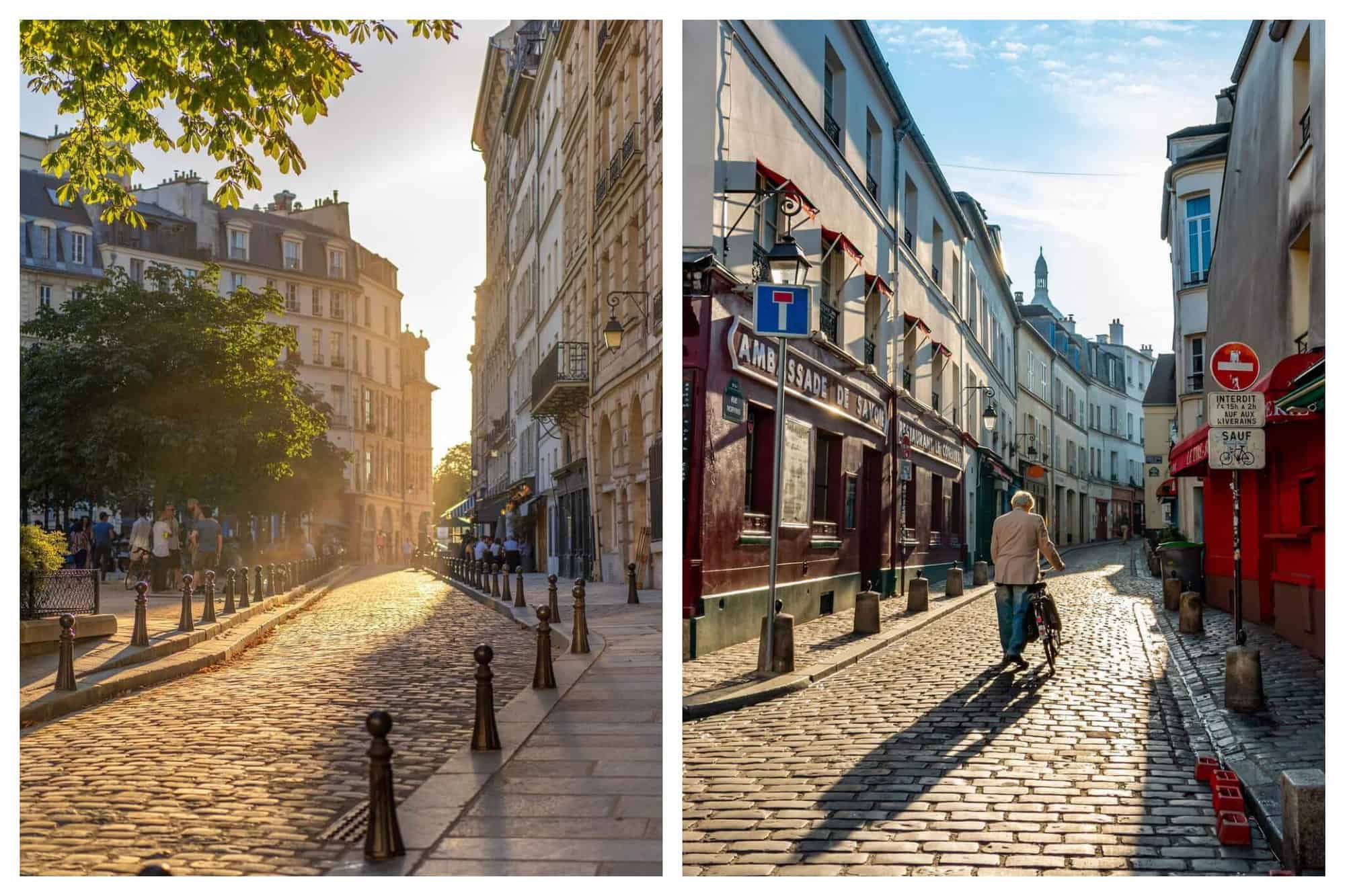 Left: a street in Paris at sunset during the summer. The street is cobblestoned and there is a small park visible to the left with people gathered. There are several trees visible as well as buildings. Right: A man walking up an empty street in Paris with his bike. The sun is shining brightly and it looks like early morning. There are several shops on the street.