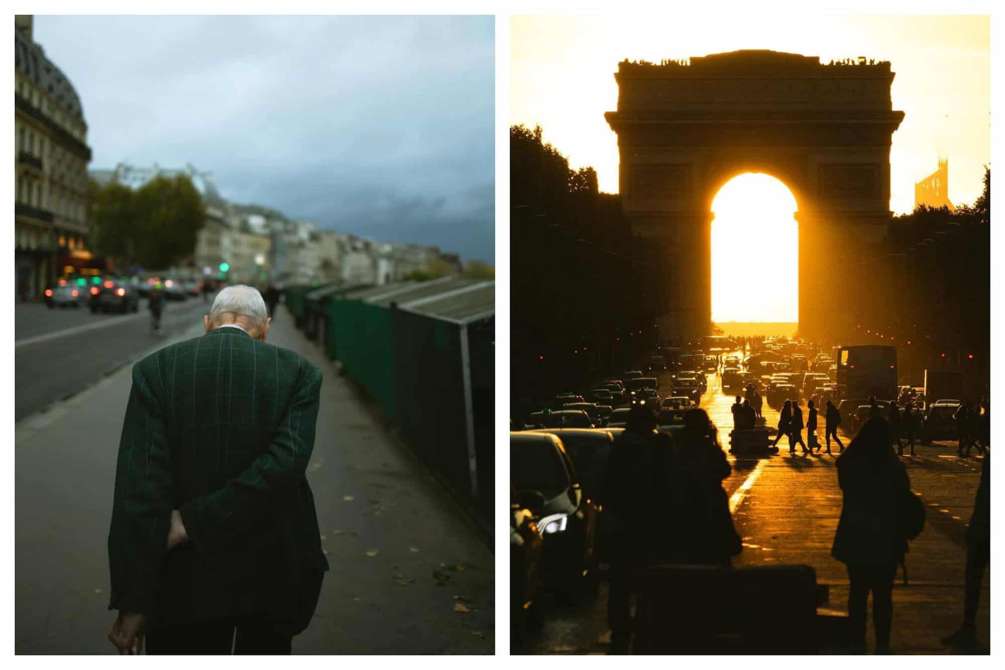 Left: a man walking down a street in Paris next to the Seine river. He has his arms clasped behind his back and his frontside isn't visible. Several book shops that line the Seine are visible to the right. There are cars' lights visible to the left. Right: the Arc du Triomphe in the evening. The sun is shining through the arc and there are cars and people walking visible. The sun is shining so bright that it makes most of the picture orange while the buildings, people, and cars are black.