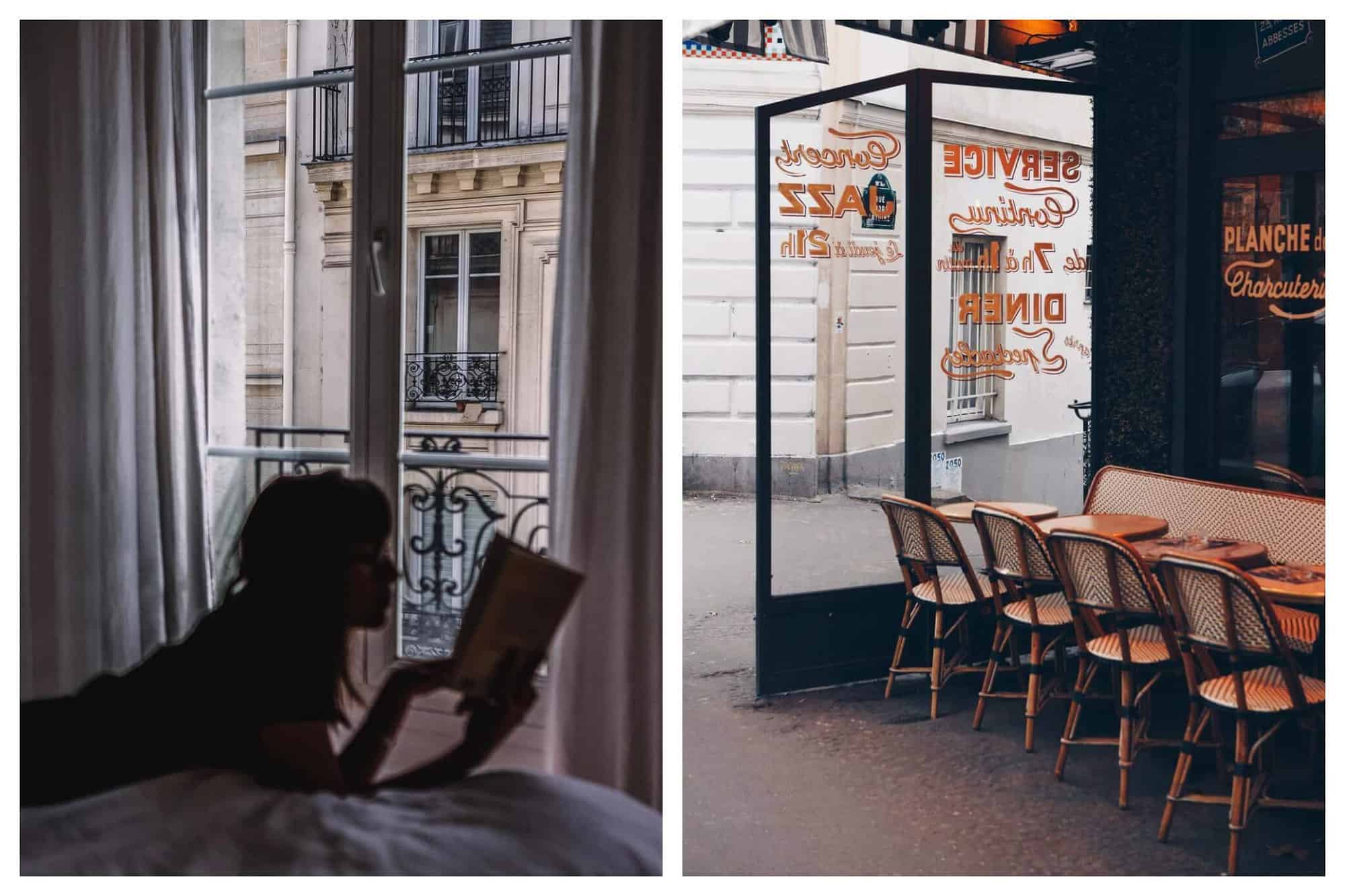 Left: the interior of a Parisian apartment. A woman is laying on her stomach on a bed and holding a book that she is reading. Outside the window another Parisian apartment building is visible. Right: the exterior of a café in Paris. There are several empty tables and chairs visible. A protective glass wall with food specials written on it in orange is to the left.