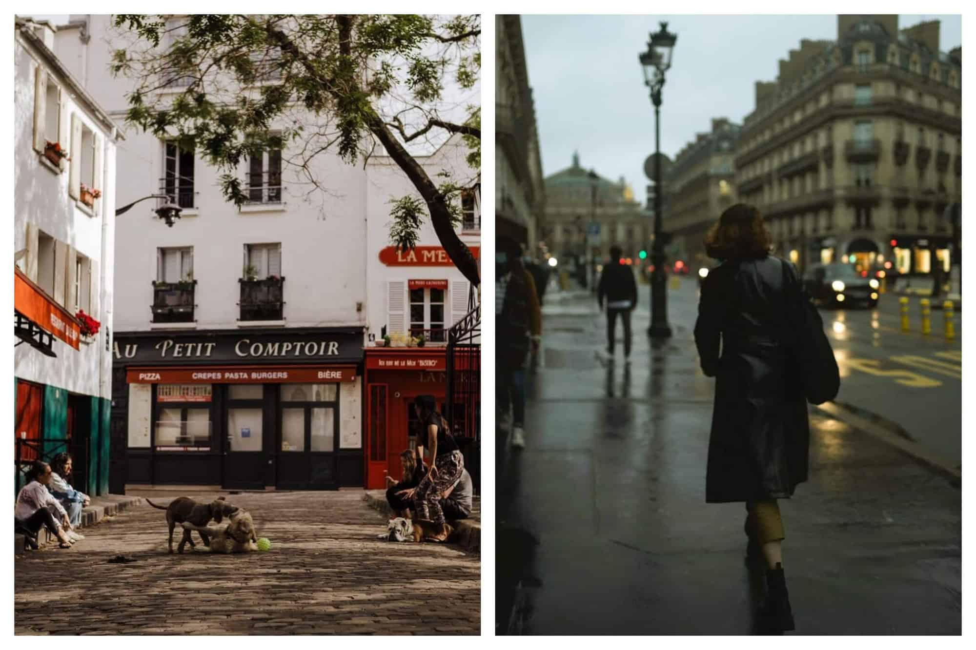 Left: a street in Paris. There are groups of two people sitting across from each other on either side of the street as two dogs play in between them. The street is cobblestoned and there are Parisian cafés visible in the background. Right: A woman walking down the street in Paris in the rain. She has on a black trench coat and only her backside is visible. It is early evening and the Parisian buildings are lit up.