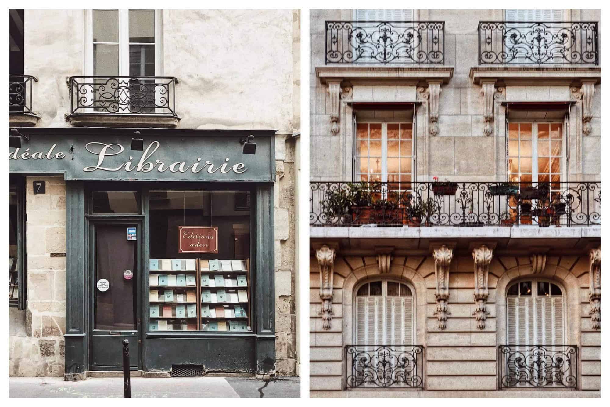Left: a bookstore in Paris. The French word for bookstore, "librarie" is written in white on the dark green storefront which is surrounded bu white stone buildings. Books can be seen in the window. Right: a Parisian apartment building. There are four windows visible. The two closer to the top are lit up and there is greenery on their balcony. The two windows below have closed white shutters.