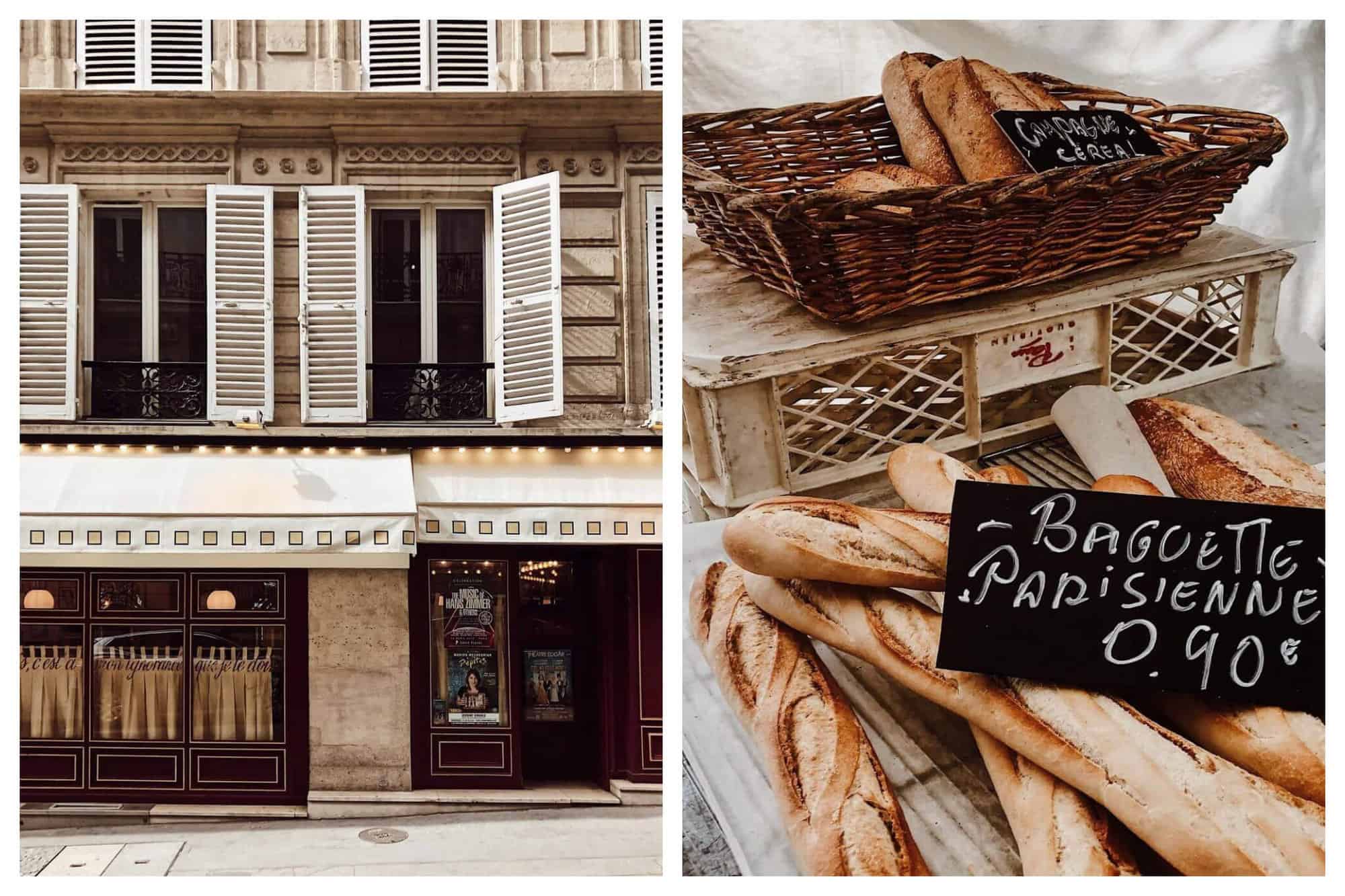 Left: the outside of a shop in Paris. There is wood covering the outside of the shop and there is a white awning. There are two open windows with white shutters above the shop. Right: a pile of several baguettes. There is a small sign on top of them that reads "baguette Parisienne 0.90 €." There is a small basket filled with more bread in the background.