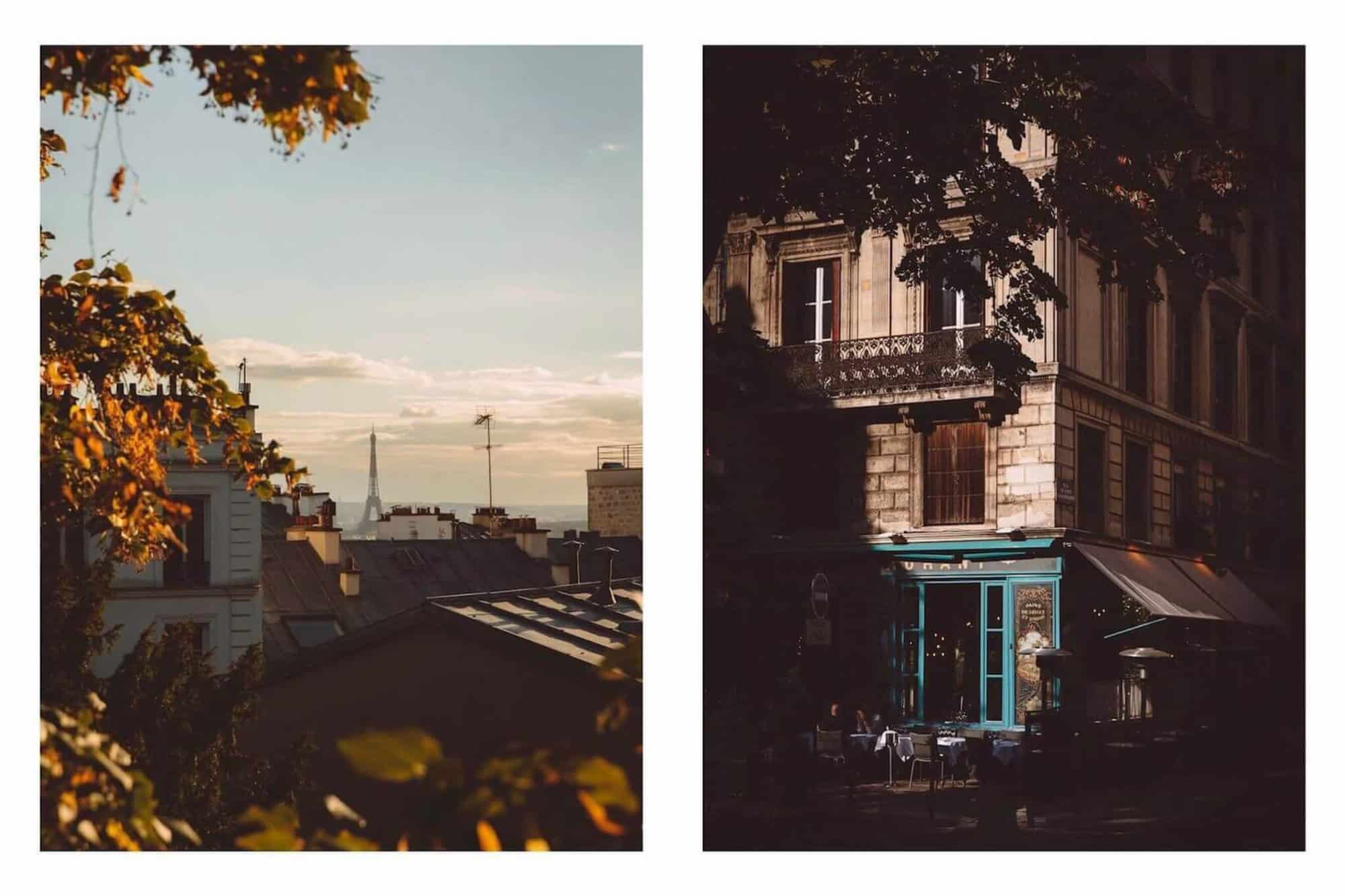 Left: a vies of Paris. There are roof tops and buildings visible as well as the Eiffel Tower in the distance. There are trees' leaves framing the picture and they are orange, yellow and green colored. Right: A café in Paris. There is sunlight shining on the blue exterior of the cafe and the rest of the picture is shaded. There are trees' leaves visible at the top on the picture.