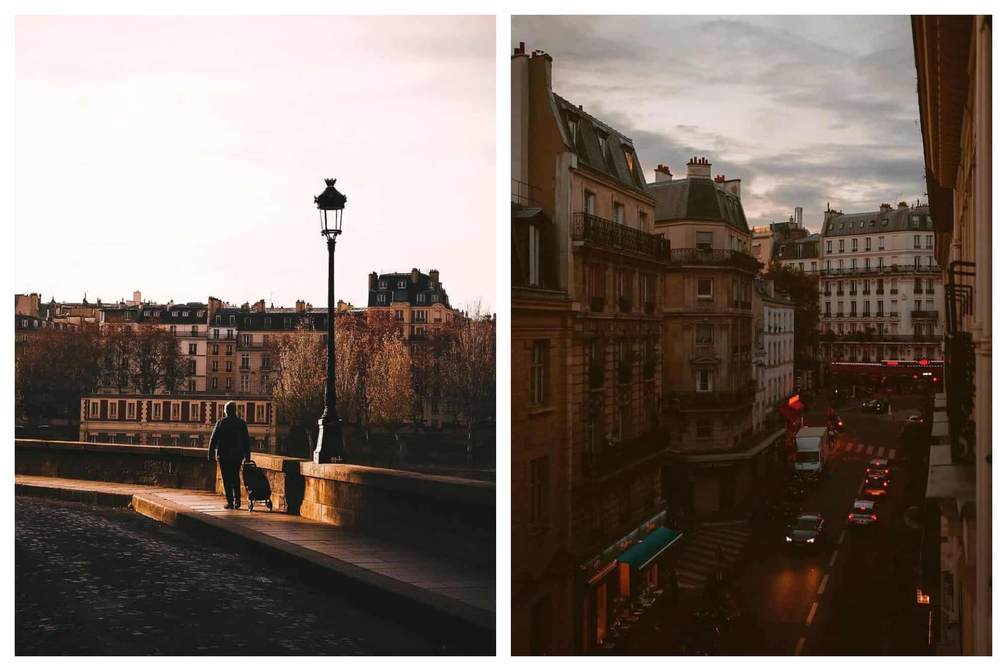 Left: someone walking on a sidewalk across a bridge in Paris. They have a shopping caddy with them. Parisian buildings can be seen in the background and there is an old-fashioned street lamp visible to the right. Right: a street in Paris. It is evening and the lights on restaurants, shops, and cars in the street can be seen. Several buildings are in the picture.