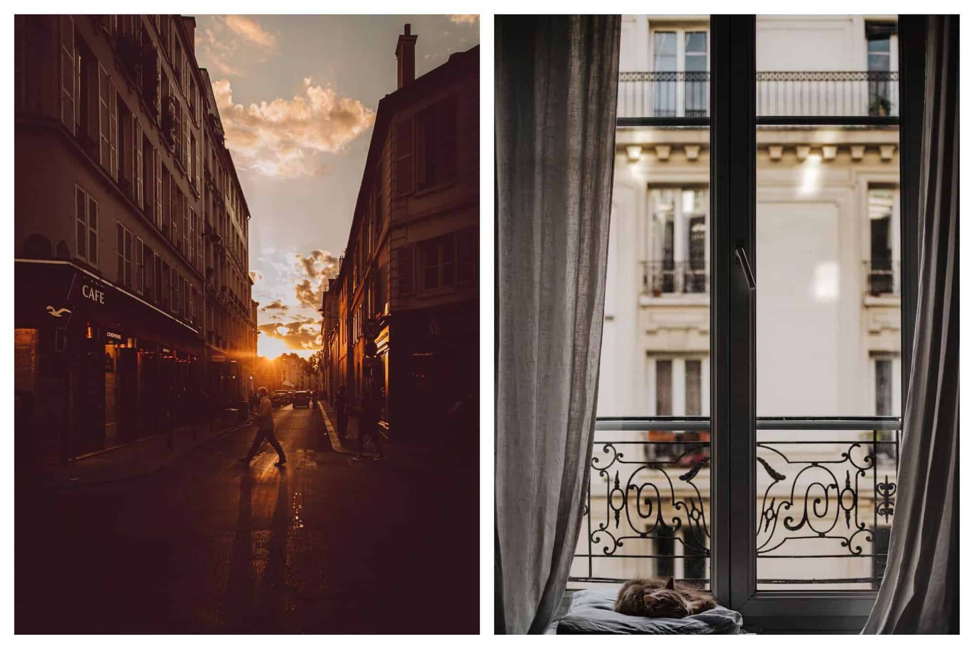 Left: a street in Paris at sunset. Buildings are visible as well as someone walking in the street. The sky is blue and there are clouds and the sun that is setting is shining brightly. Right: a window in the interior of an apartment in Paris. To the left is a cat sleeping on a cushion. There are cream colored curtains of the window and another Parisian building can be seen outside.