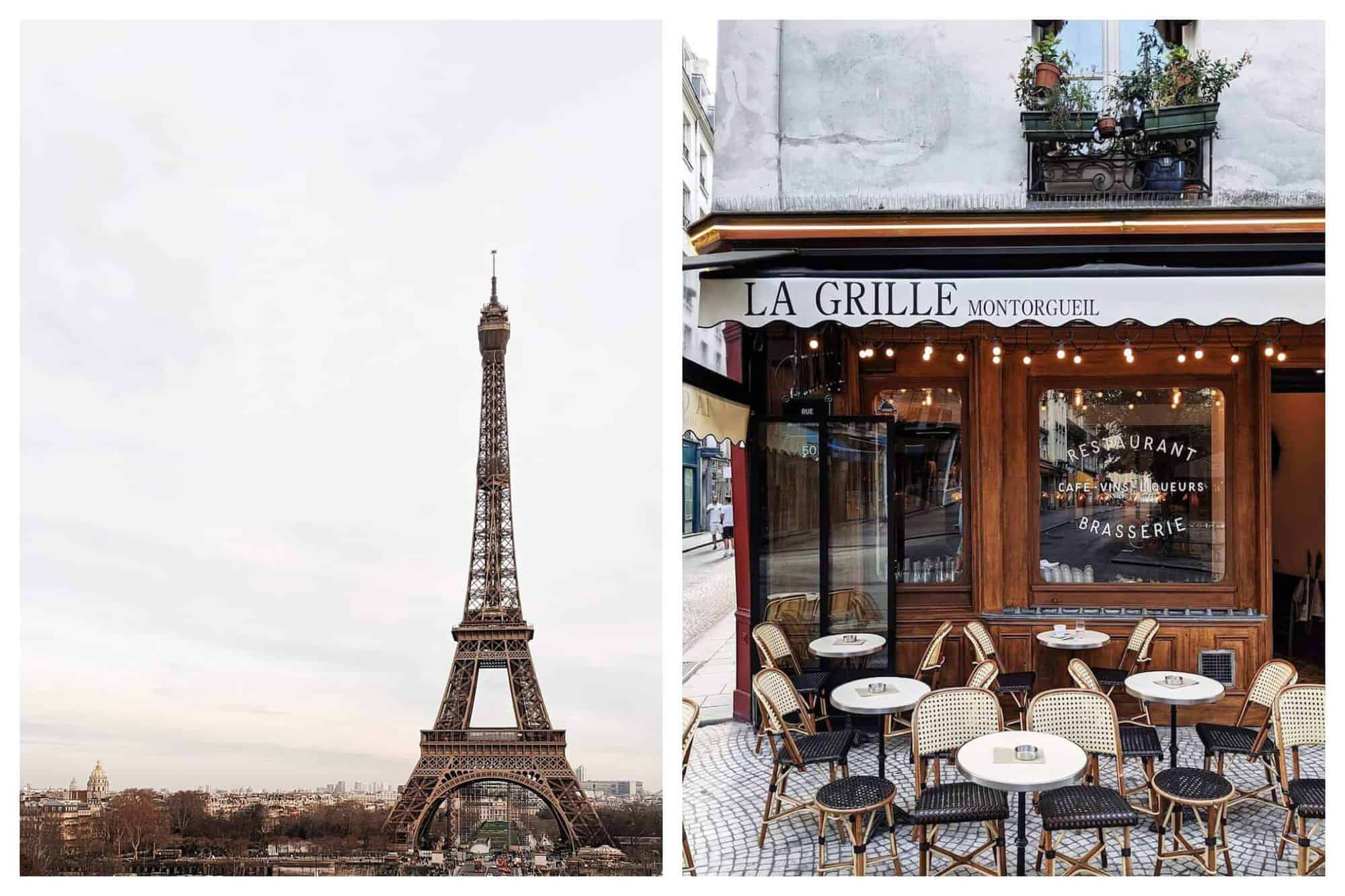 Left: the Eiffel Tower in Paris. The sky is pastel blue and takes up most of the photo. Buildings can be seen at the base of the Eiffel Tower. Right: the exterior of a café in Paris. There are several empty tables and chairs visible. The front of the restaurant is covered in wood and there is a large window visible. The name of the restaurant is printed in black on a white awning, " La Grille Montorgueil"