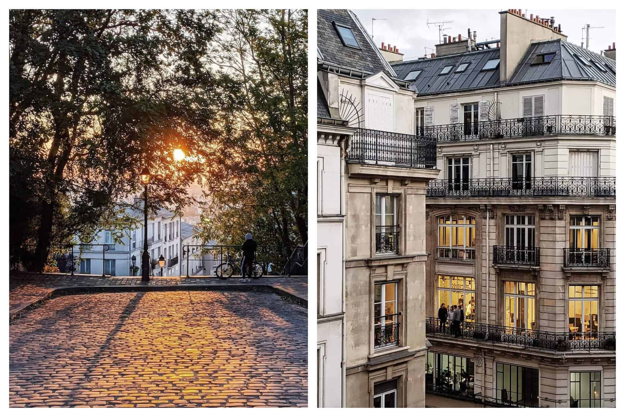 Left: the top of a set of stairs in the Parisian neighborhood Montmartre at sunset. There is an oid-fashioned lamp post visible at the top of the stairs and there are trees coming up over the stairs. The streets are cobblestoned. The sun is shining brightly through the leaves of the trees. Right: apartment buildings in Paris. The buildings are white stone and each floor has a small balcony. There are people visible inside some of the apartments.