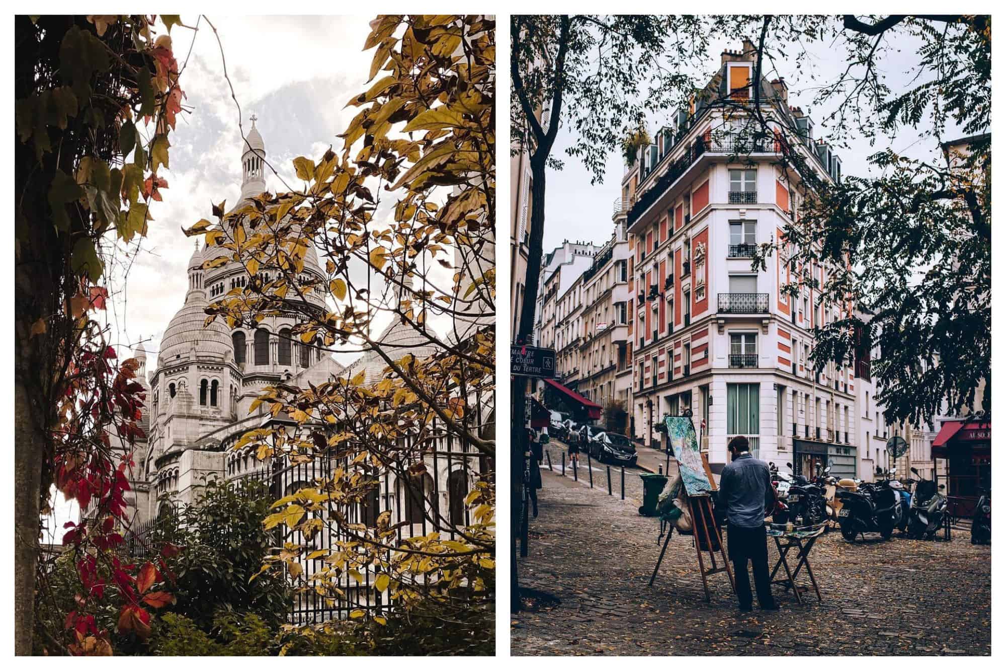Left: a view of the Sacre Coeur in Paris through surrounding trees. There are trees' leaves surrounding the frame of the picture. The leaves to the left are red and orange and the leaves to the right are yellow and green. Left: a street in Montmartre in Paris. In the center of the photo, a man is painting on an easel on the sidewalk. There are trees' leaves framing the photo on top, and there are fallen leaves on the ground surrounding the man.
