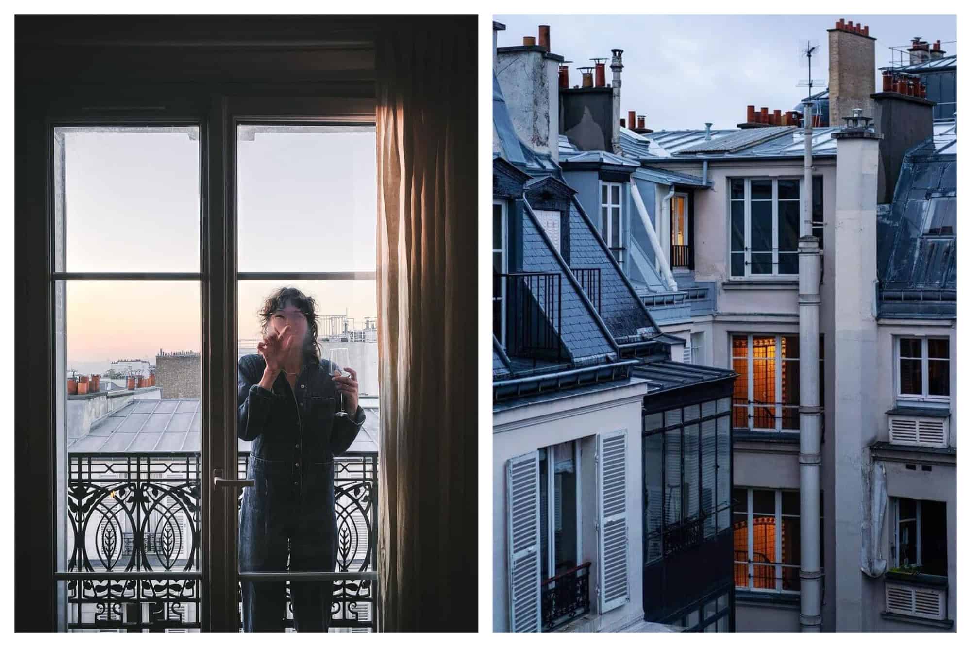 Left: a woman wearing a jean romper standing outside on a balcony in Paris. The glass window leading out to the balcony is closed and the woman is drawing a heart on a portion of the glass that is foggy. She has a glass on wine in her hand. Right: a view from a Parisian apartment. There are several other apartment buildings visible and there are two windows lit up with an orange glow from the lights inside the apartments. The buildings are white, black, and gray.