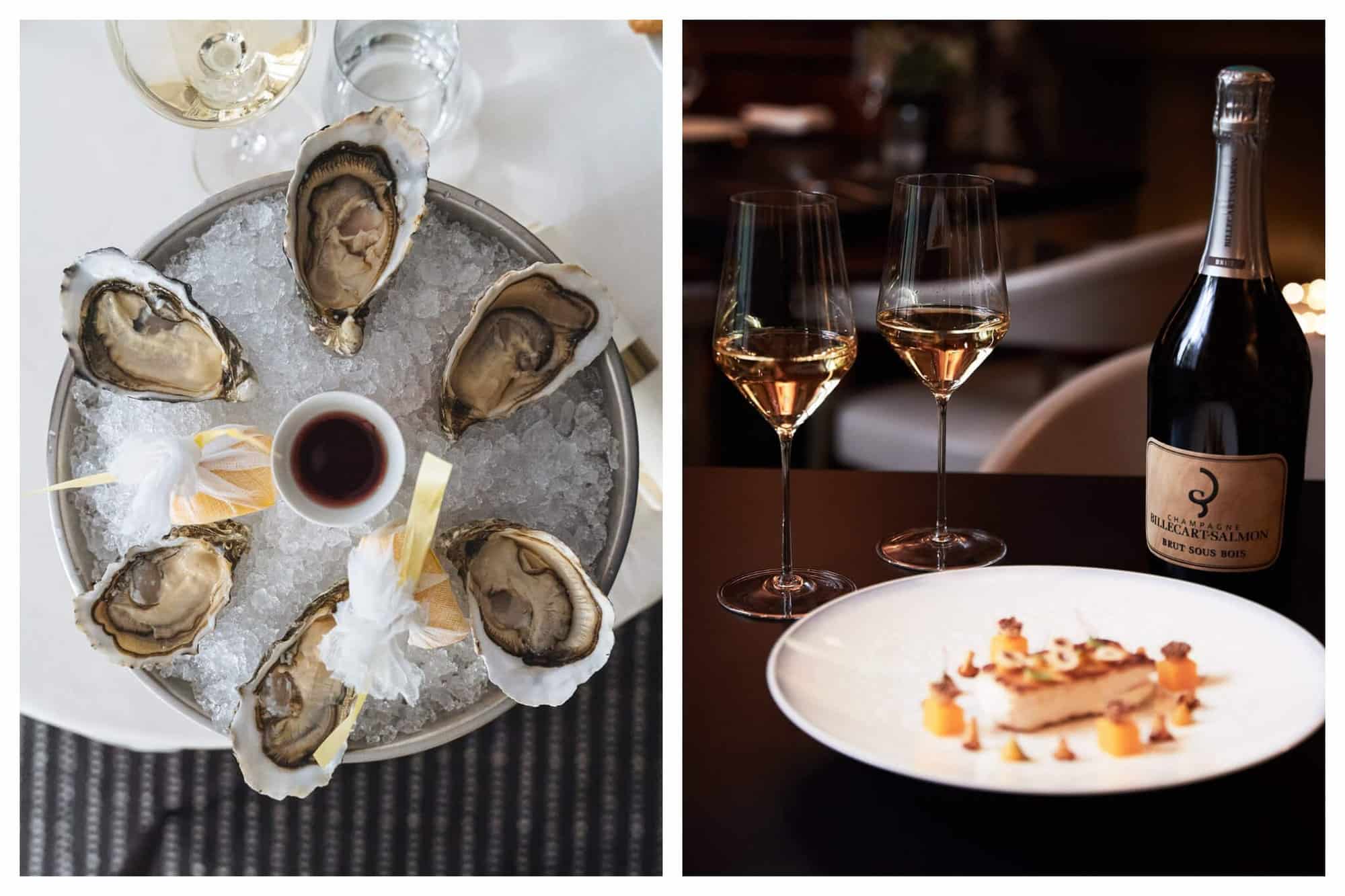 Left: an aerial view of a platter of oysters in ice. There is a sauce in the center of the platter and a glass filled with white wine is visible at the top of the frame. Right: a white plate with food with two wine glasses filled with rosé champagne next to a bottle of Billecart Simon champagne on a wooden table. The glasses and the bottle are in focus and the plate is not.