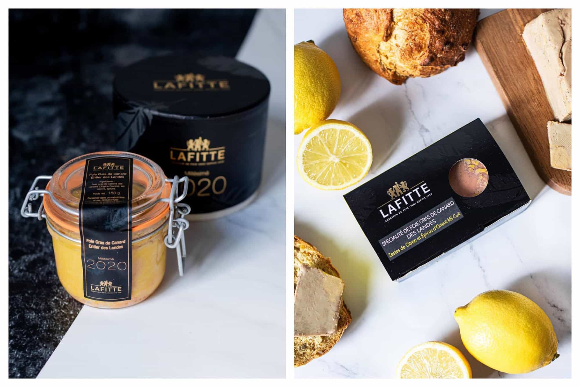 Left: a jar of Masion Lafitte fois gras with a round black box to hold it. It is on a black and white surface. Right: an aerial view of Maison Lafitte fois gras. There is a cutting board with fois gras, a slice of bread, a loaf of bread, and several lemons visible. 