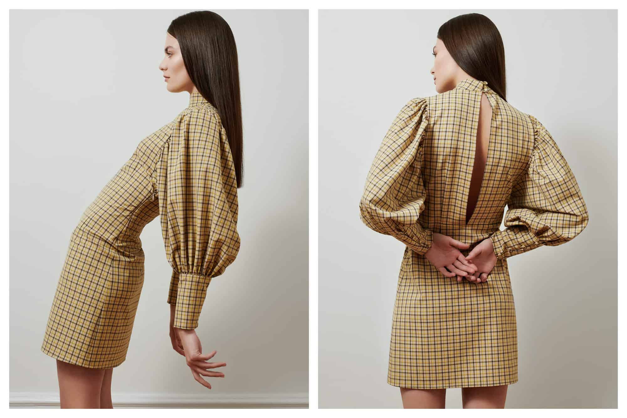 Left: a woman with long brown hair in a plaid dress. The dress yellow and is short with large, long, and puffy sleeves. The woman is standing with her left side to the camera and her arms are extended behind her. Right: a woman with long brown hair in a plaid dress. The dress yellow and is short with large, long, and puffy sleeves. The woman is standing with her back to the camera and her hands folded behind her back.