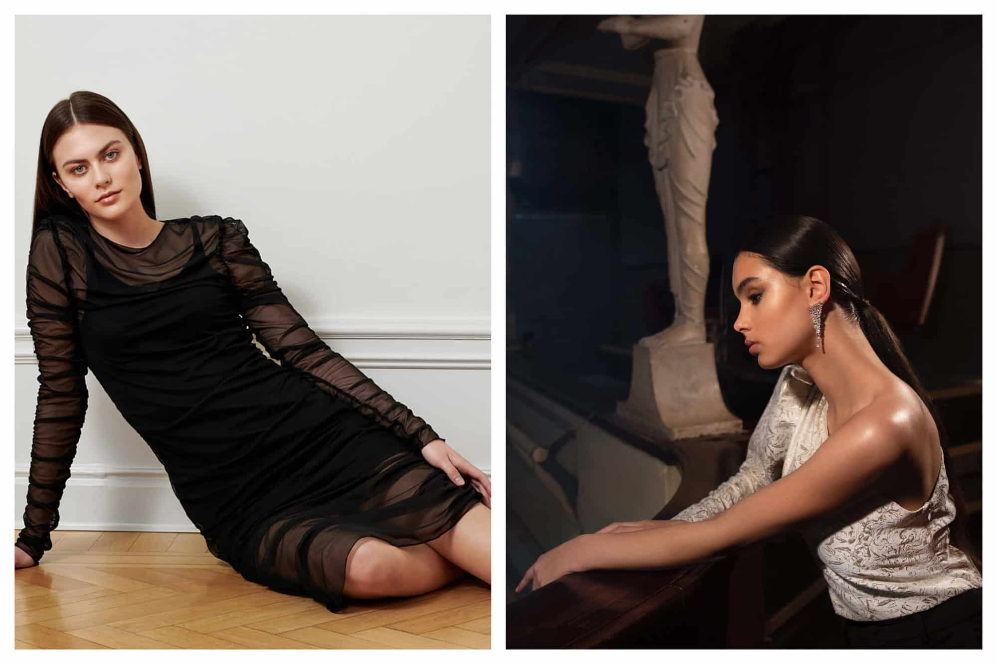 Left: a woman with brown hair is sitting on a hardwood floor in front of a white wall. She is looking directly into the camera and she has on a short black dress with long sheer sleeves. Right: a woman with brown hair is standing with her left side to the camera as she looks into the distance. She has on a white top with one long sleeve and one arm exposed. There is a white statue visible in the background.