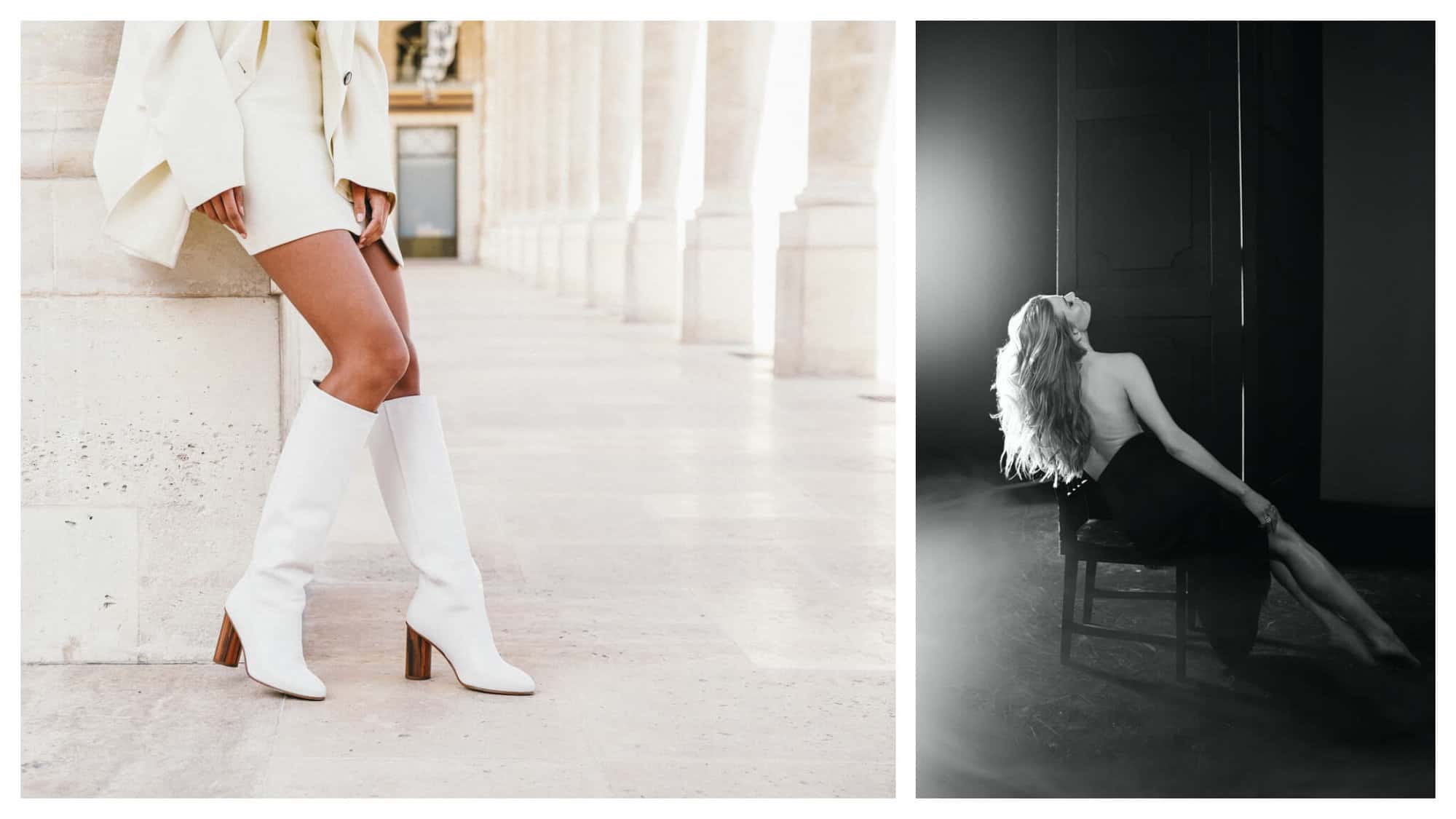 Left: a woman wearing white knee high boots. She is also wearing a white dress and a white jacket. The upper half of her body isn't visible. She is leaning against a white column. Right: a black and white photo of a woman sitting in a chair in a n empty room. Her back is to the camera and her hair is long and flowing down her back. She has on a black skirt and her top is bare. There is a light shining to the left.