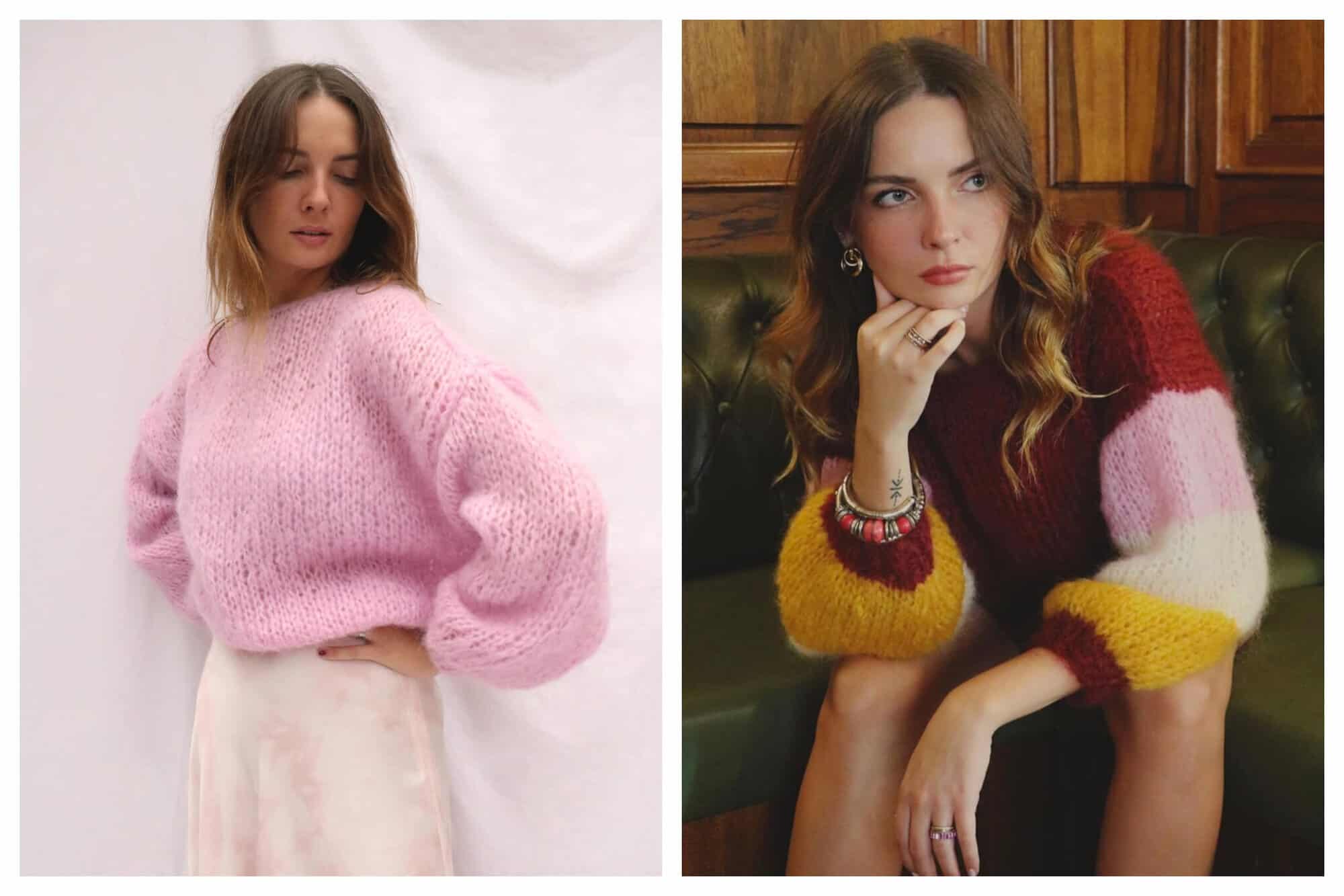 Left: a woman with dark blonde hair standing against a white background. She is wearing an over sized light pink sweater and a light pink and white skirt. Right: a woman with dark blonde hair is sitting on a dark green leather couch and looking off into the distance. She is wearing a dark red, light pink, white, and yellow over sized sweater.