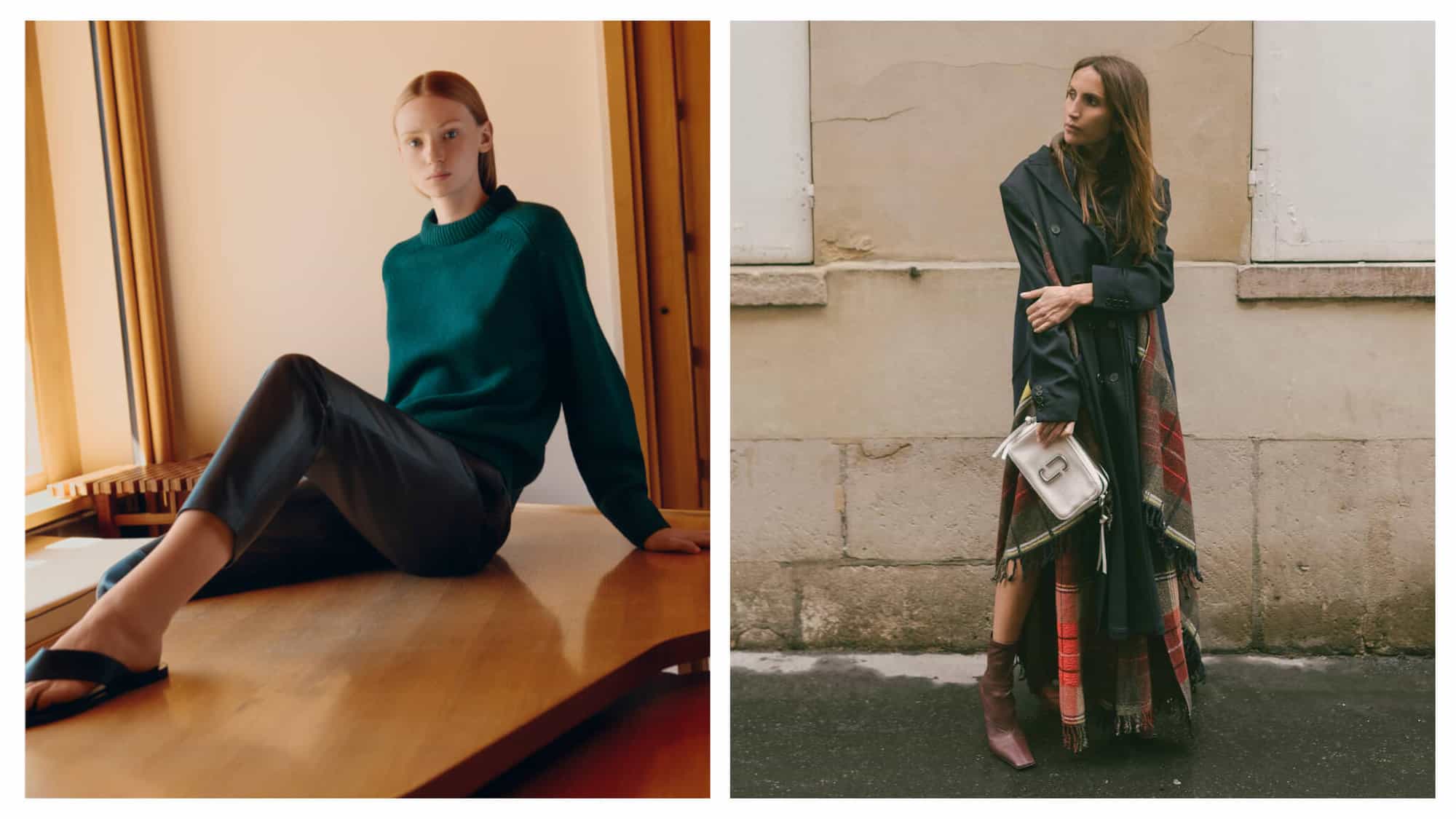 Left: a woman is sitting on top of a wooden desk. She is wearing black leather pants, black leather flip flops and a dark green roll neck sweater. Her hair is slicked closely to her head and she is staring at the camera. Right: a woman standing outside. She has on a large coat and plaid scarf with brown ankle boots. She has a white clutch in her hand and she is looking off to the left of the image.