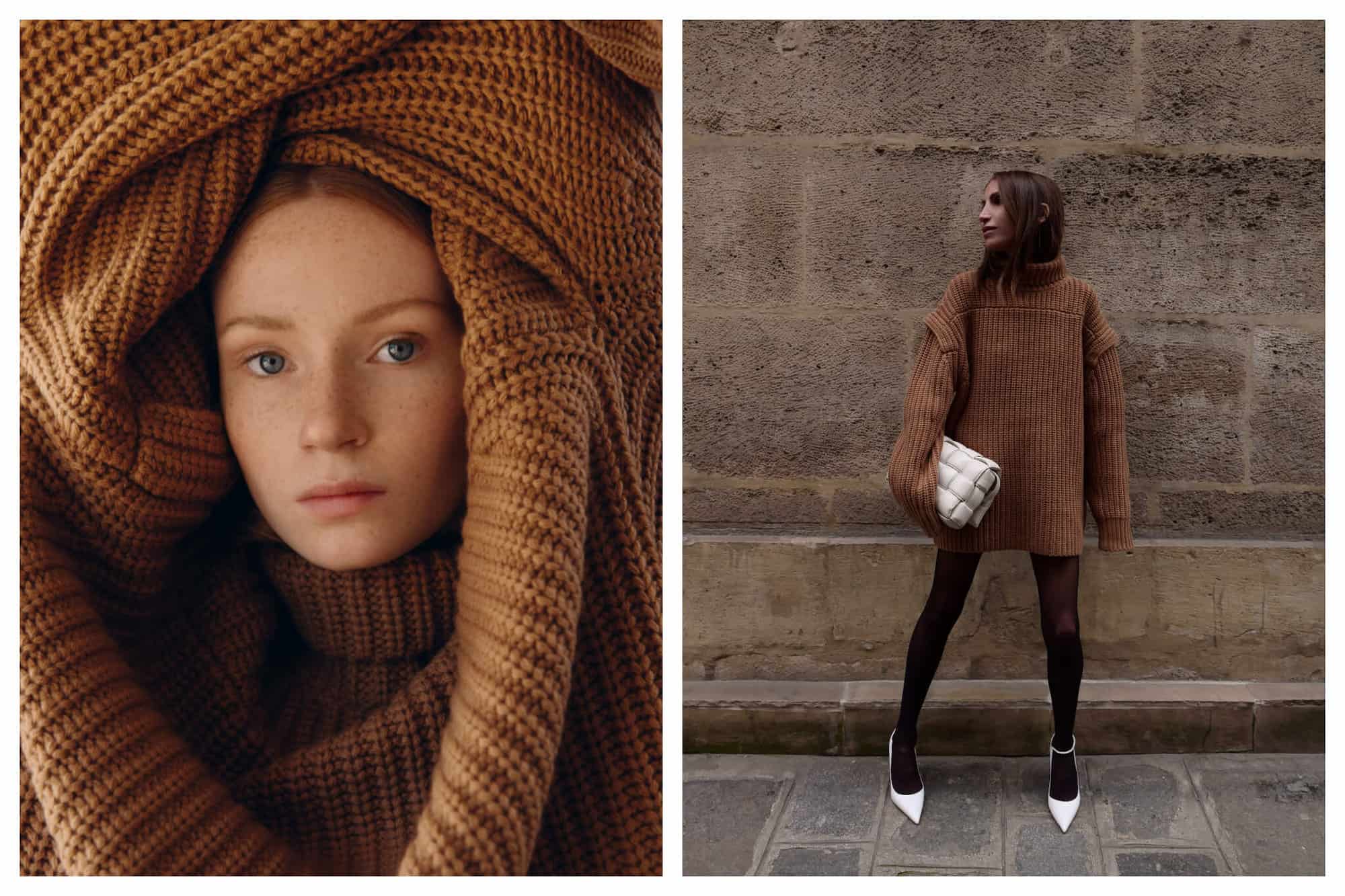 Left: a woman with blue eyes is staring into the camera. Her head is wrapped in dark tan colored knits. Right: a woman with dark hair is standing against a wall outside. She has on a large dark tan colored knit with black tights and white heels. She is holding a white clutch in her right hand and is looking off to the right.