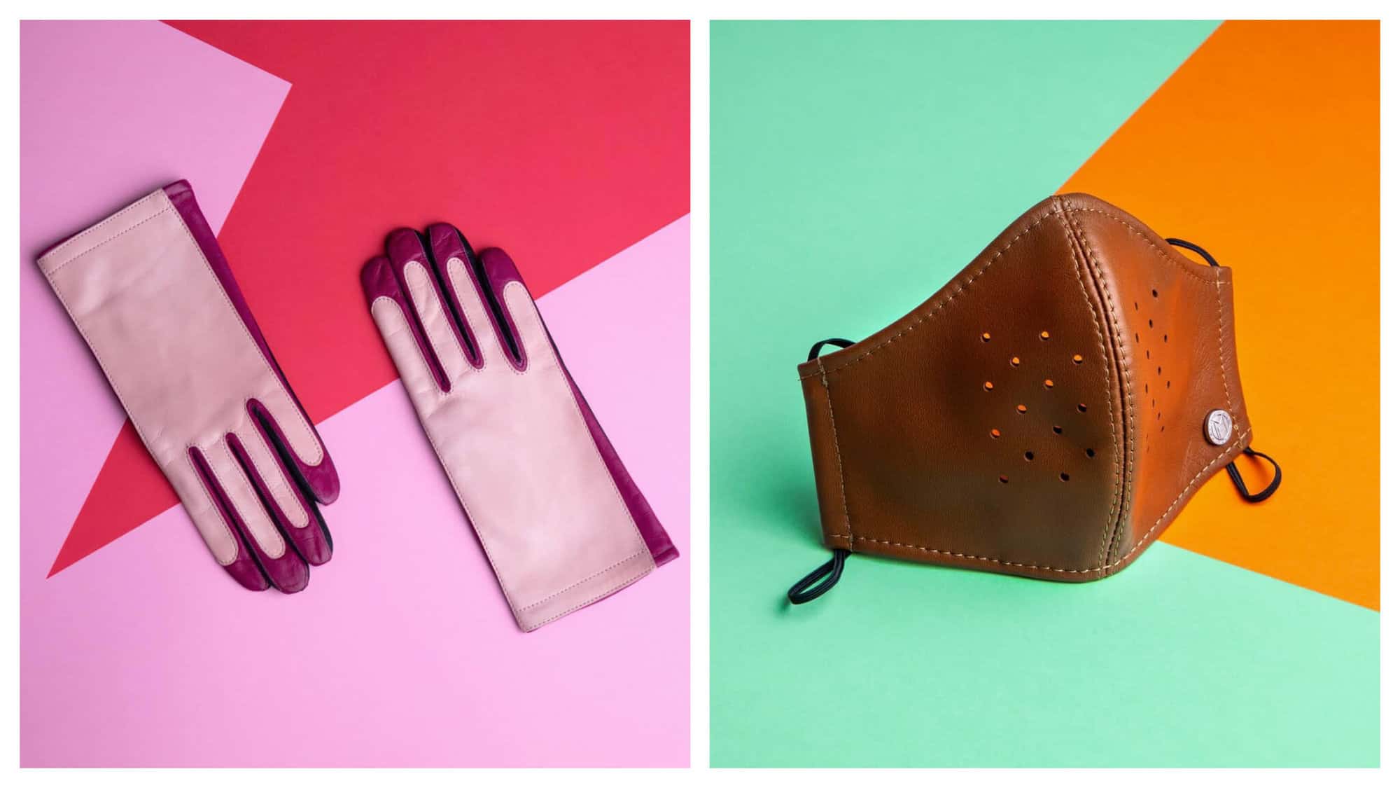 Left: an aerial view of a pair of gloves. The gloves are leather and are dark purple and light pink. They are on a light pink and dark pink background. Right: a brown leather mask with small holes for breathing. It is on a green and orange background.