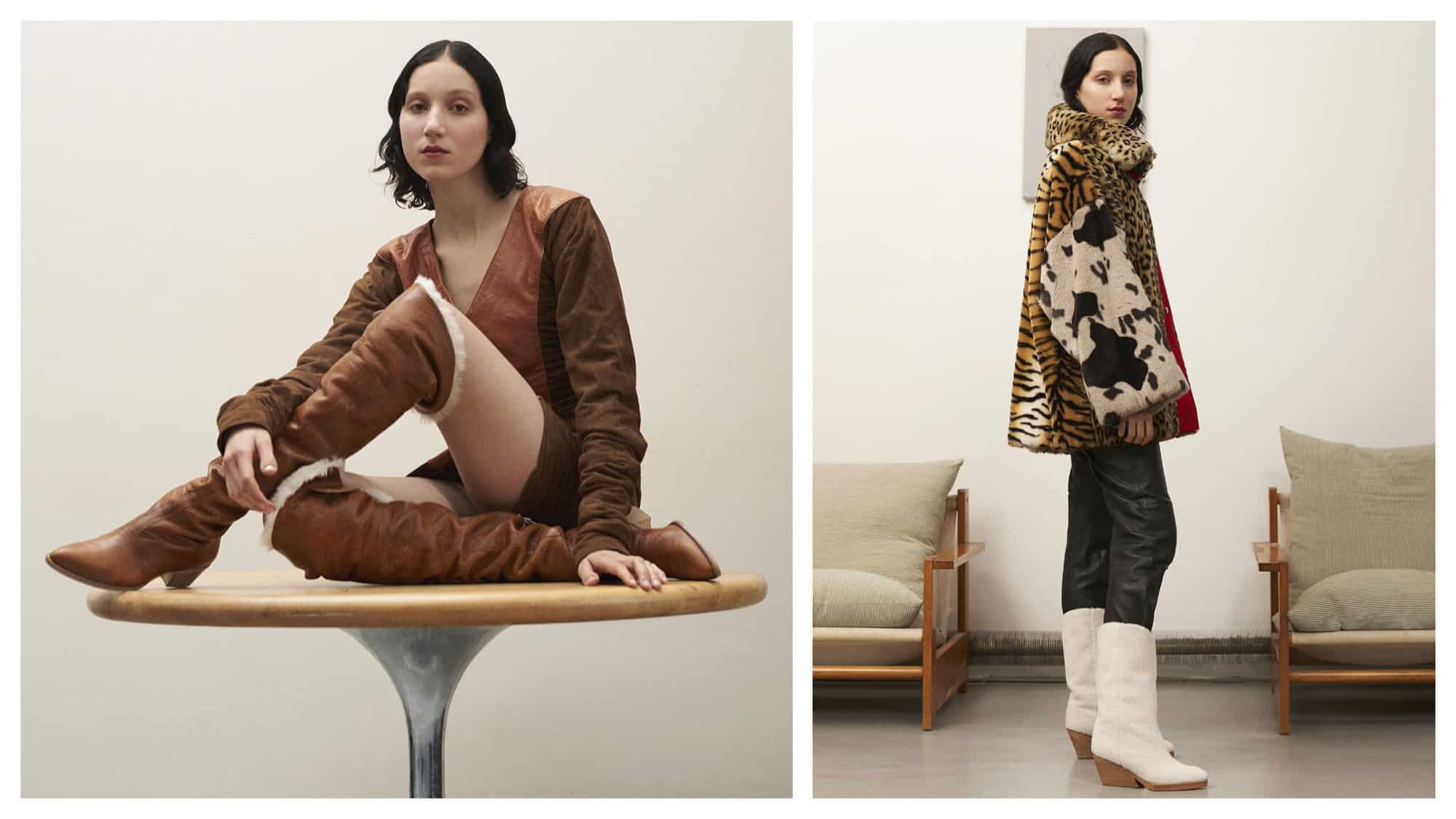 Left: a woman with short dark hair is sitting on a wooden table in an all white room and is staring directly at the camera. She is wearing a dark dan leather top and bottom, and she has on knee high boots made of the same dark tan leather. Shearling is peeking out of the top of the boots and the woman has her legs crossed. Right: A woman with short dark hair is looking directly into the camera as she stands in a white room with two small chairs on either side of her. She is wearing an over sized jacket made of various animal prints and leather pants with tall white boots with a wooden heel.