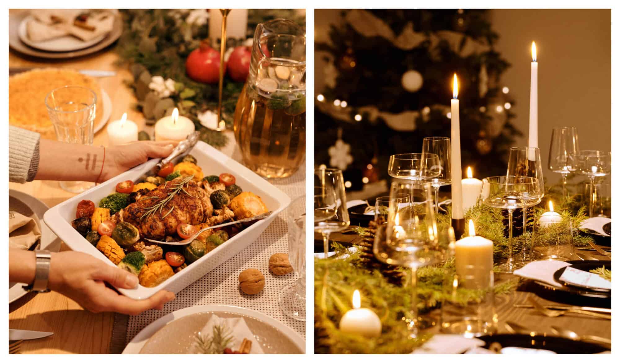 Left: A dinner host serves a nicely roasted Turkey for dinner; Right: A candlelit Christmas dinner table for 6.