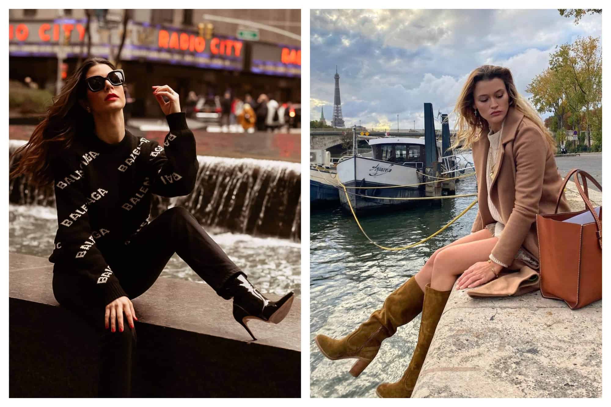 Left: Fashion blogger Marion is sitting in the Avenue of the Americas fountain located in 1251 Sixth Avenue in Manhattan. Behind her is the famous Radio City. She is casually sitting, wearing a pair of big, black sunnies, a Balenciaga pull, black slim pants, shiny black stiletto ankle boots. The heels of these boots are probably 3 inches tall and are very pointy. Right: Fashion blogger Chloe Lecareux is sitting by the Seine River in Paris. Behind her are two boats parked, a parisian bridge, and the Eiffel Tower. She is wearing a tan coat, off-white knitted pull, a tan mini-skirt, suede golden brown boots that go just right below her knees. She is looking at her brown colored tote bag that is placed on her left.