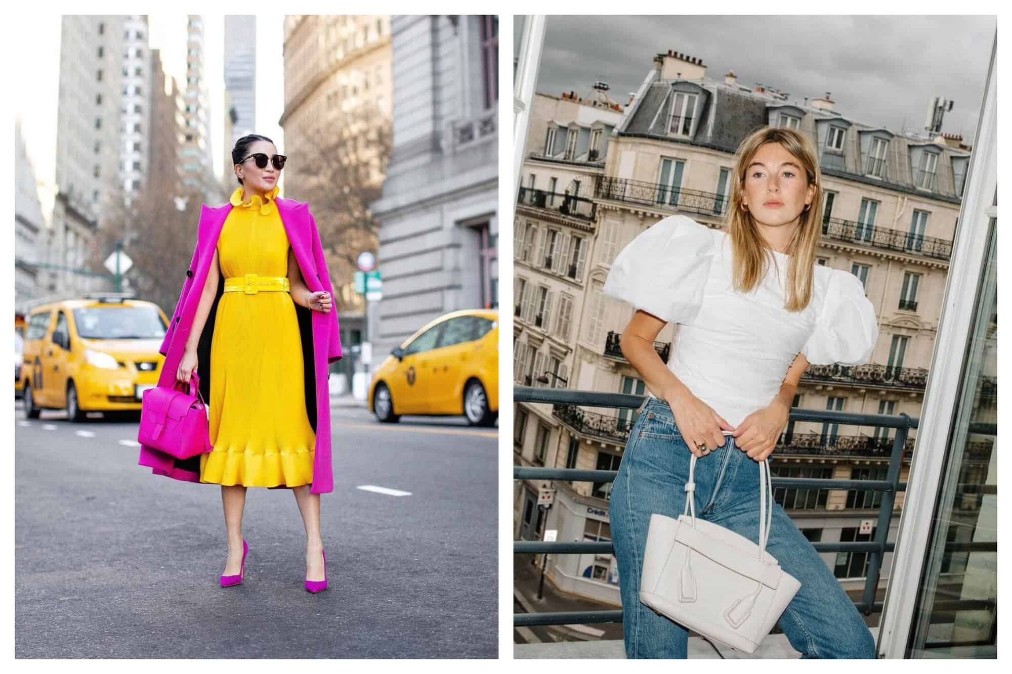 Left: Fashion blogger Wendy Nguyen is standing in an avenue in NYC with 2 iconic yellow cabs behind her. She is seen sporting a color blocked ensemble -- fuschia pink long coat, bag and stilettos paired with a bright yellow dress. The yellow dress has a ruffled collar and the hemline hits just a little above her calves. It is secured by a belt in her waist that is bright yellow as well. Right: Fashion blogger Camille Charriere is posing in a Parisian balcony with a background of another Haussmannian building. She is wearing a white top with mutton sleeves, a pair of denim jeans and a white Givenchy bag.