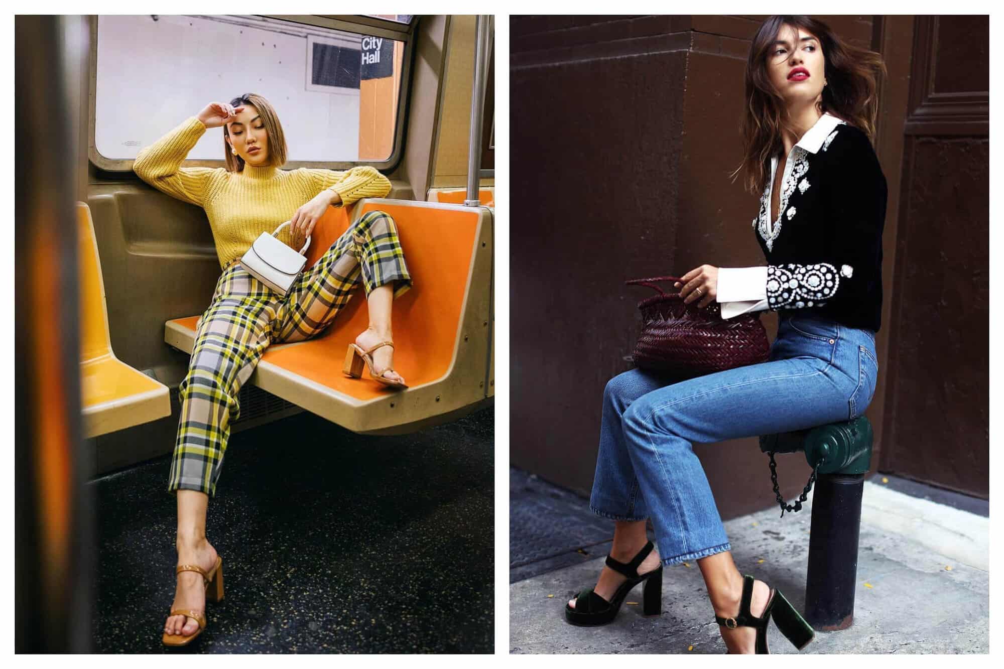 Left: Fashion blogger Jessica Wang is casually sitting inside a NYC subway train, in the iconic orange and yellow seats of RW train. They are at the City Hall stop in downtown Manhattan. She is wearing a yellow knitted long-sleeved top, black and yellow plaid cigarette pants, brown heeled sandals, and a white little purse. Right: French fashion princess Jeanne Damas is sitting in a dark green fire hydrant. She is wearing a black long-sleeved top (embellished with crystals on her forearms and chest and with white collar and cuffs), denim straight-cut fitted jeans, dark green velvety heeled sandals and a garnet braided basket handbag. The fire hydrant and her shoes are of the same color.