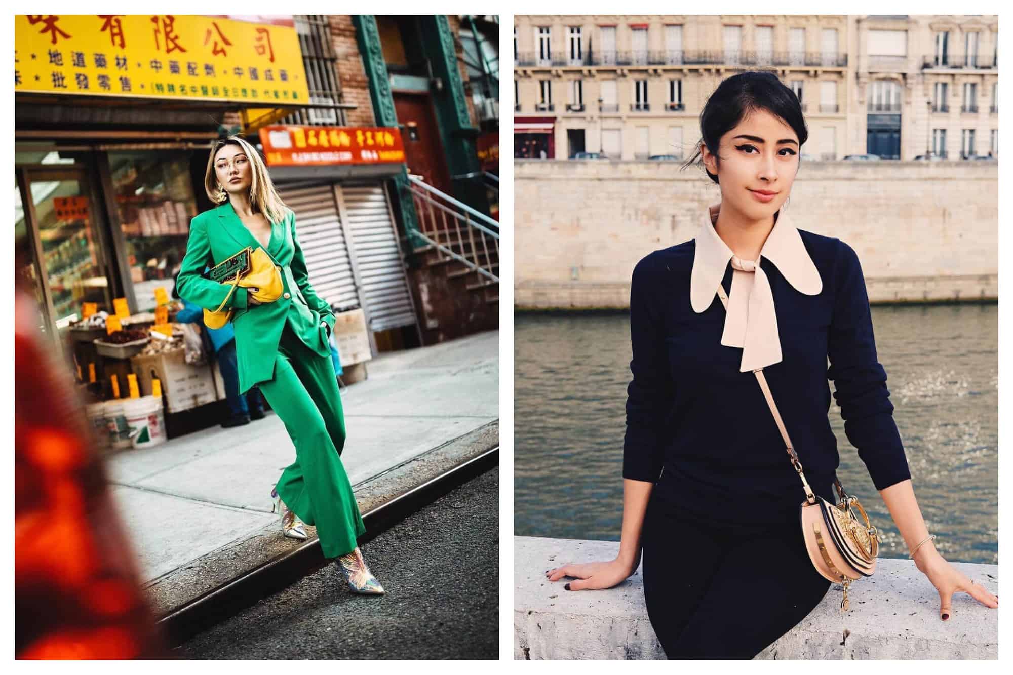 Left: Fashion influencer Jessica Wang is in China Town, NYC. She is crossing the street. She is wearing an emerald-green power suit white light blue stilettos and a yellow bag. Right: Fashion blogger Denni Elias is sitting by the Seine River in Paris. She is wearing a black top with a nude pink bow tie collar, black pants, and a brown leather purse strapped across her torso.