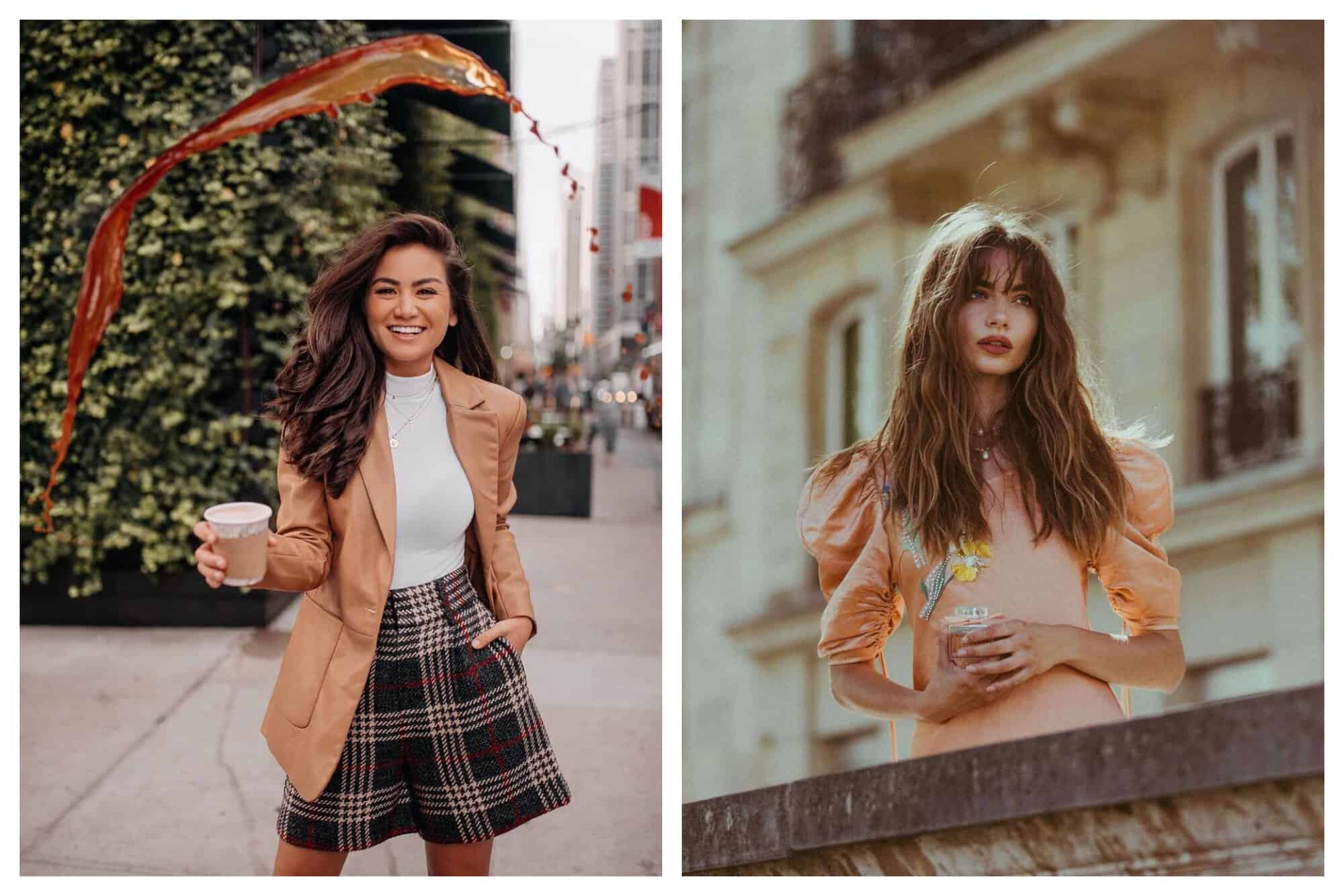 Left: Fashion blogger and influencer Caila Quinn is seen throwing her coffee and the shot was taken while the coffee was mid-air. She is holding the cup on her right hand and is wearing a white top, checkered skirt and a beige leather blazer. She has a beautiful smile and her brown, perfectly curled hair is captured. Right: Fashion blogger Mara Lafontan is photographed in a peach colored dress with mutton sleeves. She appears to be holding a cup or a drink. She is gazing nonchalantly. Her messy golden brown hair is styled looking 'undone' or 'messy' with beach waves.
