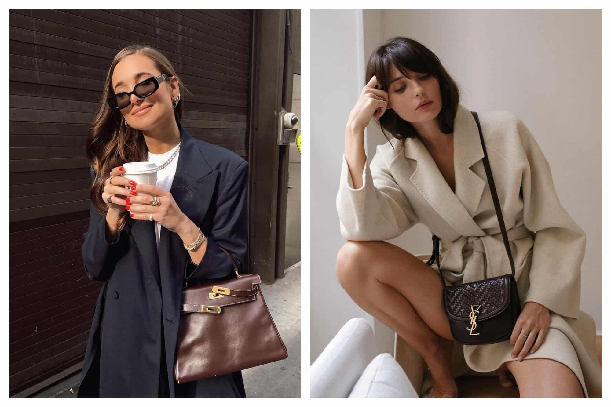 Left: Fashion designer Danielle Bernstein is enjoying a cup of coffee in her hand while having her brown Hermès Kelly bag strapped on her left forearm. She is wearing a pair of black sunnies, an oversized navy blue blazer, and a white shirt. Right: Fashion blogger Annabelle Belmondo is striking a pose with her nude colored coat and a small black YSL purse worn across her torso. 