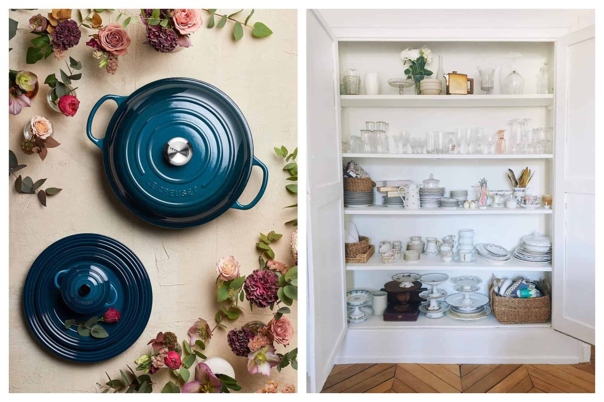 Left: A large Le Creuset blue pot is pictured, with a smaller one next to it. There are roses and other flowers surrounding the pots. Right: A large white kitchen cabinet is pictures filled with simple dishware including a variety of drinking glasses, plates, platters, bowls and teacups.