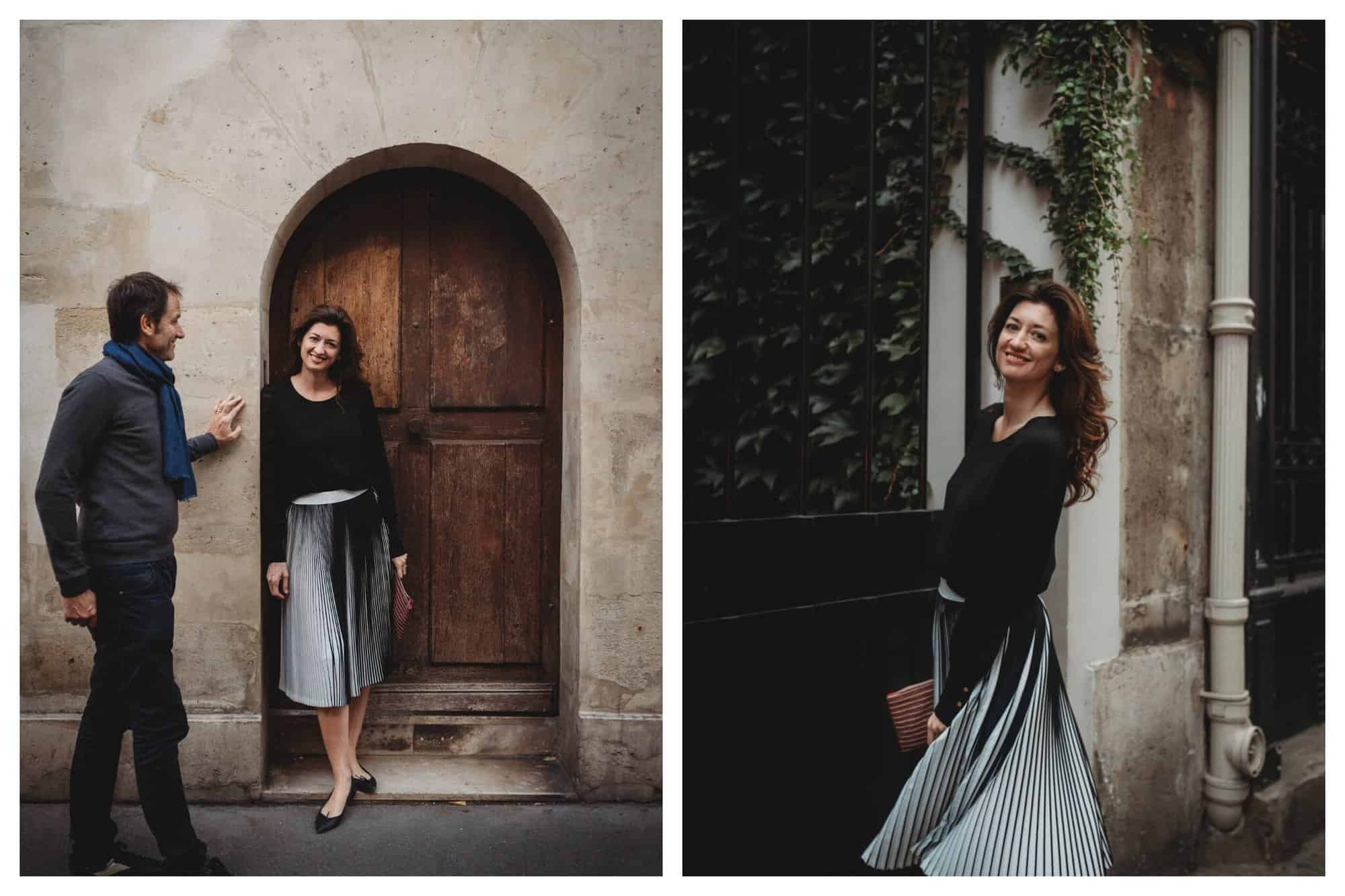 Left: A woman is standing in a small archway, looking directly at the camera and smiling. A man stands closely next to her, smiling at her instead of the camera. Right: A woman stands angled towards the camera, smiling. Her skirt flows as if she has just turned around to face the camera.