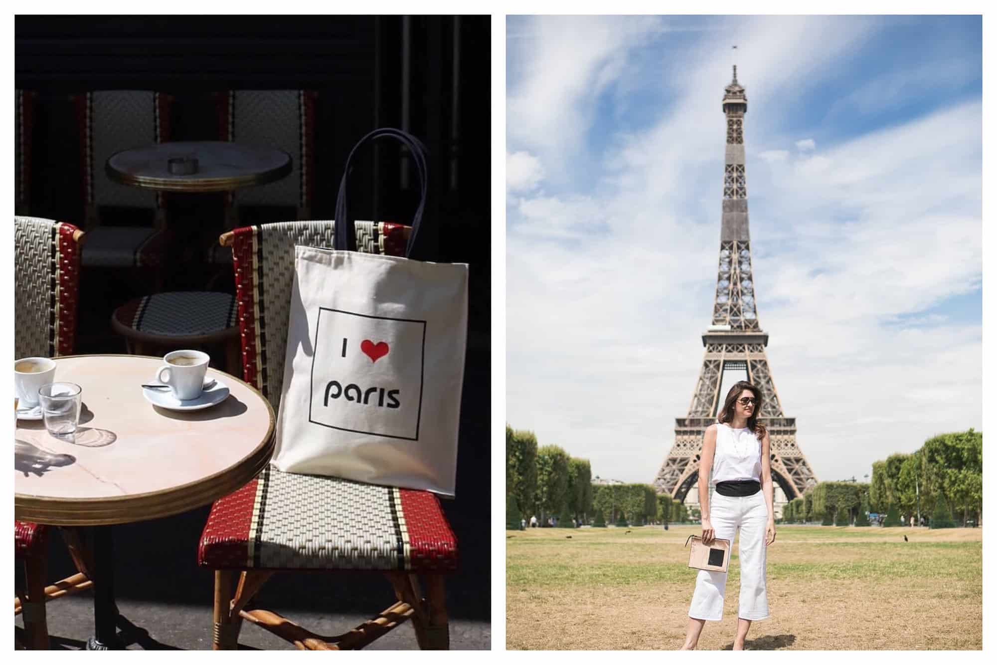 Left: A small round café table with two coffee cups on it, and two red and white chairs are pictured on a terrace. There is a white canvas tote bag resting on one of the chairs that reads "I <3 Paris." Left: A woman stands centered in front of the Eiffel Tower in Champs de Mars.
