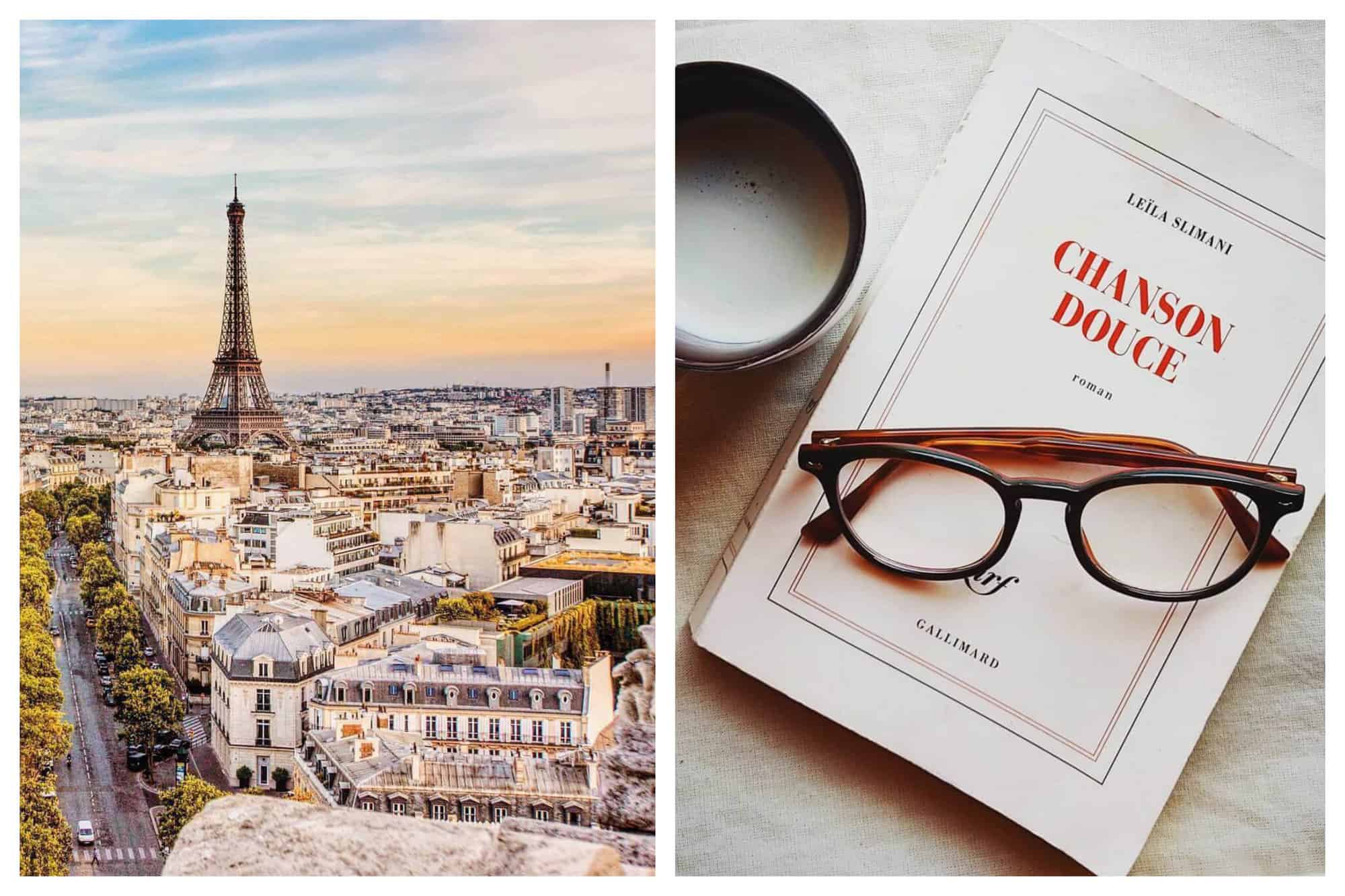 Left: A beautiful photo of the Eiffel Tower taken from a high standpoint where you can also see the surrounding buildings, the trees lining the streets, and a white van. It also shows the sunset approaching the sky. The sky is blue but also orange with a few streaks of clouds. Right: The book "Chanson Douce" by french author Leïla Slimani is lying possibly on a mattress. Beside the book is an unlit white candle. On top of the book is a pair of glasses.