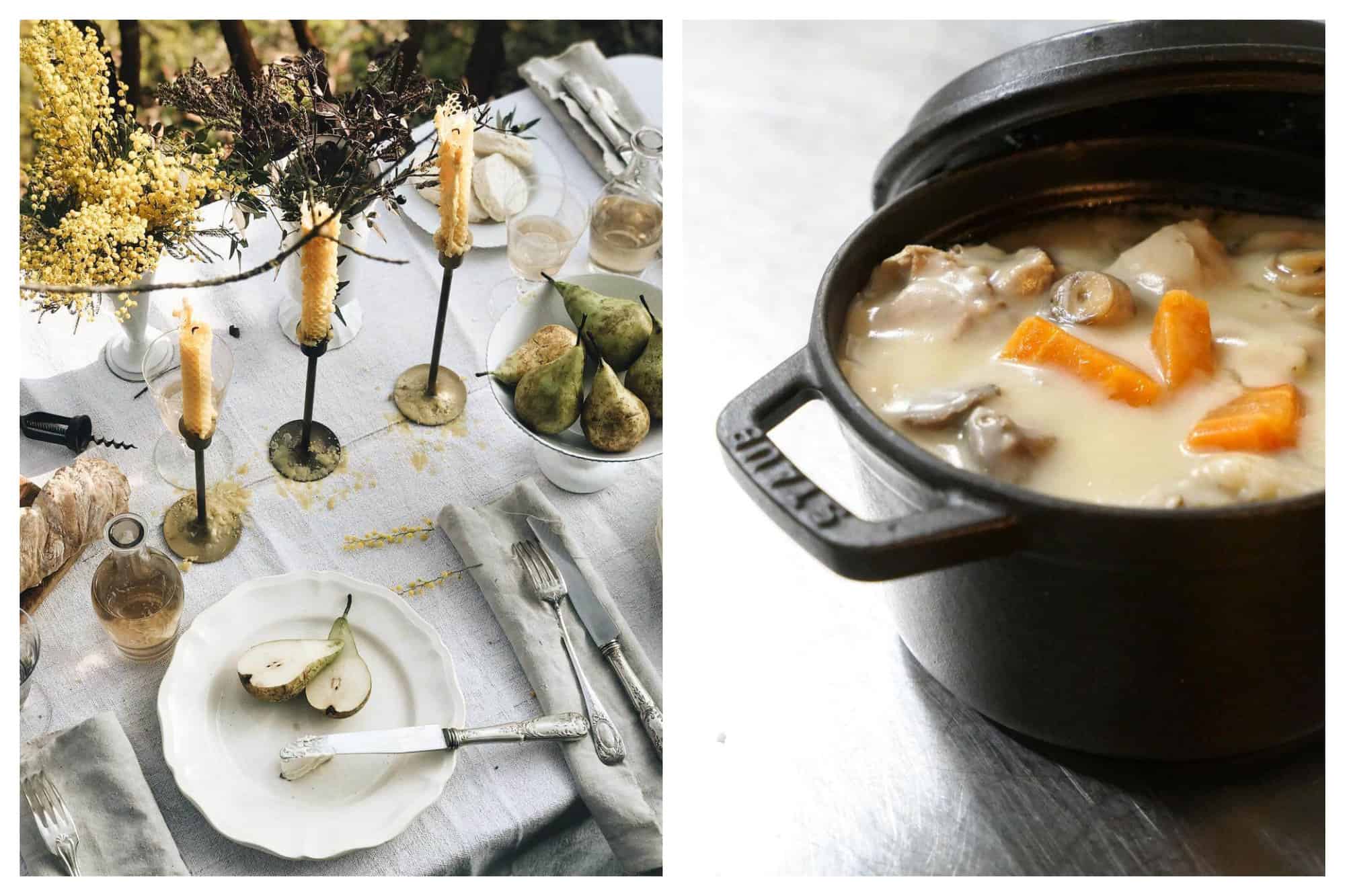 Left: A dining set up is pictured with yellow candles, yellow flowers, white plates, pints of rosé wine, fresh pears, gray tablecloth and napkins, and vintage silverware. Right: A famous French dish called Blanquette de Veau is pictured in a black Staub cookware. It is composed of veal, carrots and beige-coloured creamy sauce.