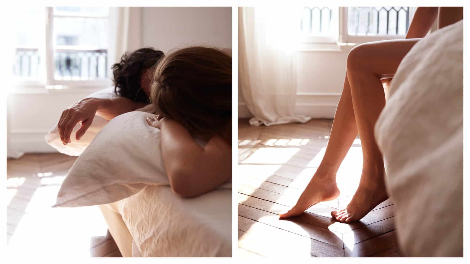 Left: A man and woman are lying on a bed, with only their heads and arms visible. The bedroom is white, with light shining through the large windows behind them. Right: The same bed and room, but a woman's legs are seen hanging off the bed.