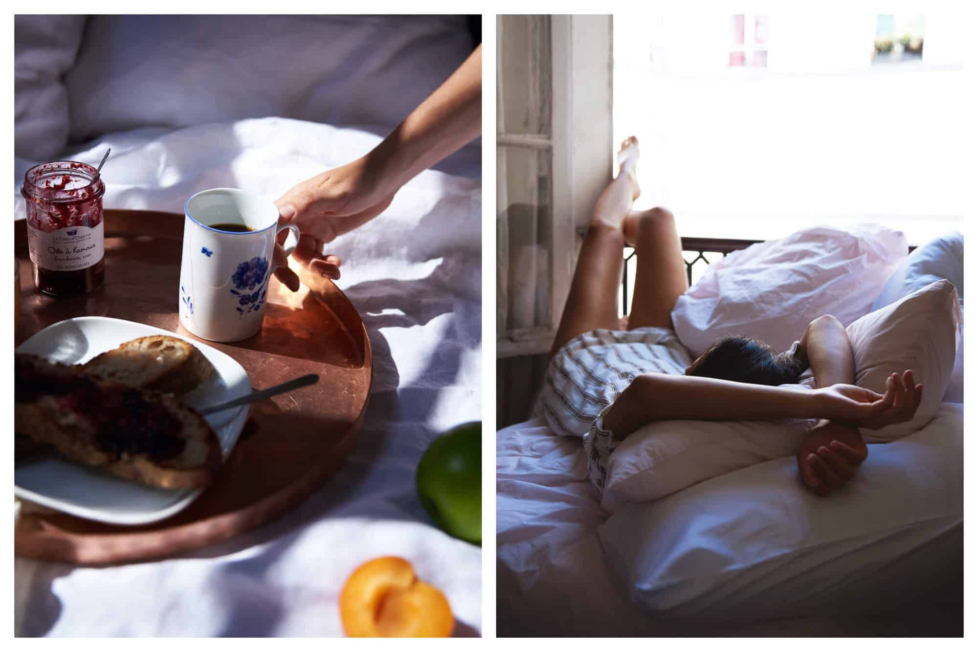 Left: A white bed is pictured with a tray on top. On the tray, there is a plate with toast, a mug filled with coffee and an open container of jam. An arm is visible, reaching for the cup of coffee. Right: A woman is lying on an unmade bed, with her legs hanging off the balcony. 