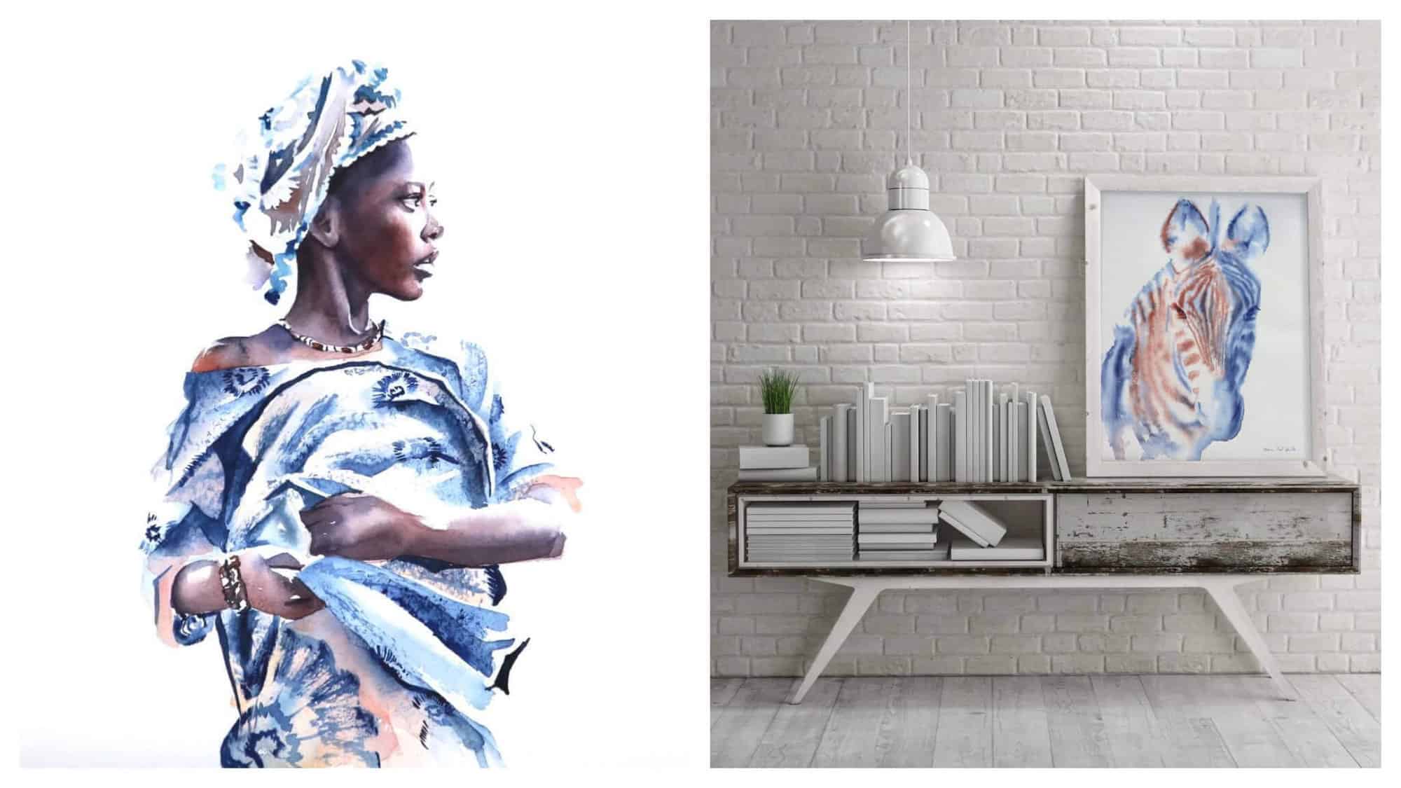 Left: A painting of a woman dressed in a blue and light orange dress and headdress. / Right: A horizontal book shelf is pictured in a white room with white brick walls. On top of the shelf, there is a painting of a zebra in blue and light orange.