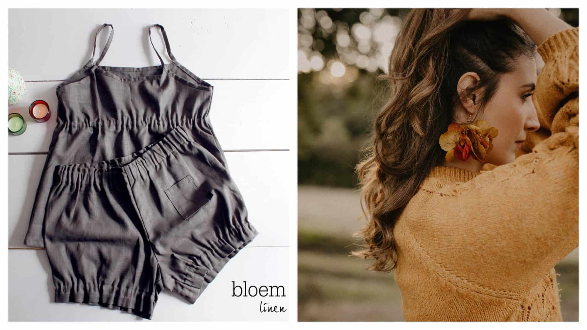 Left: A dark grey camisole and pair of bloomers are laid out flat on a white surface. The logo ‘bloem linen’ is visible in the bottom right corner. Right: A woman stands in nature, with her hands running through her hair. She is wearing a light orange sweater, and large statement earrings consisting of orange and brown flowers.