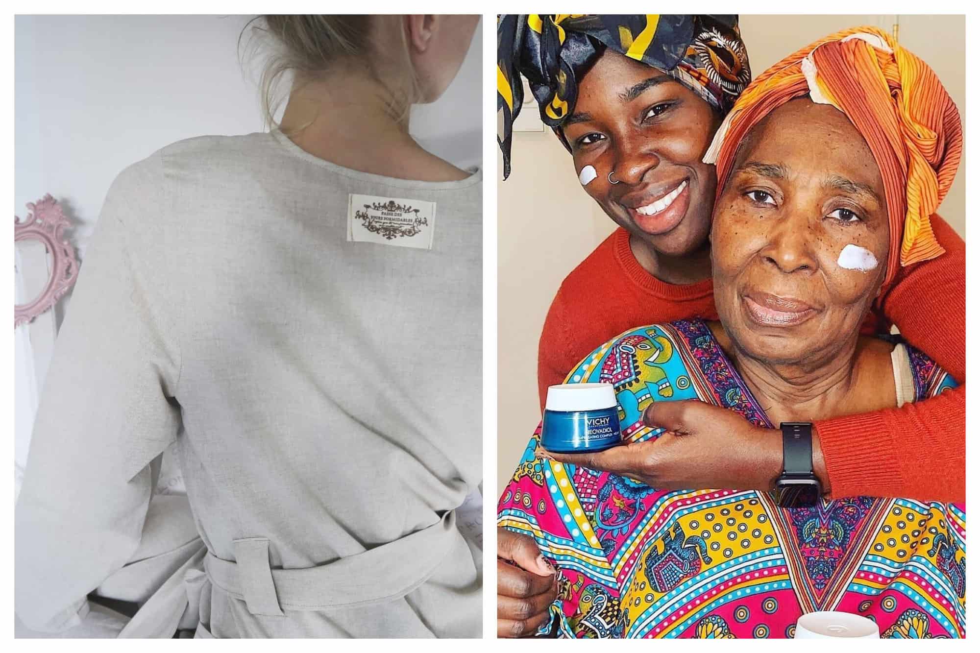 Left: A woman stands with her back facing the camera, wearing a grey robe. / Right: A young woman stand behind an older woman, with her arm wrapped around her, holding a container of face cream. They both have a line of face cream on their cheeks.