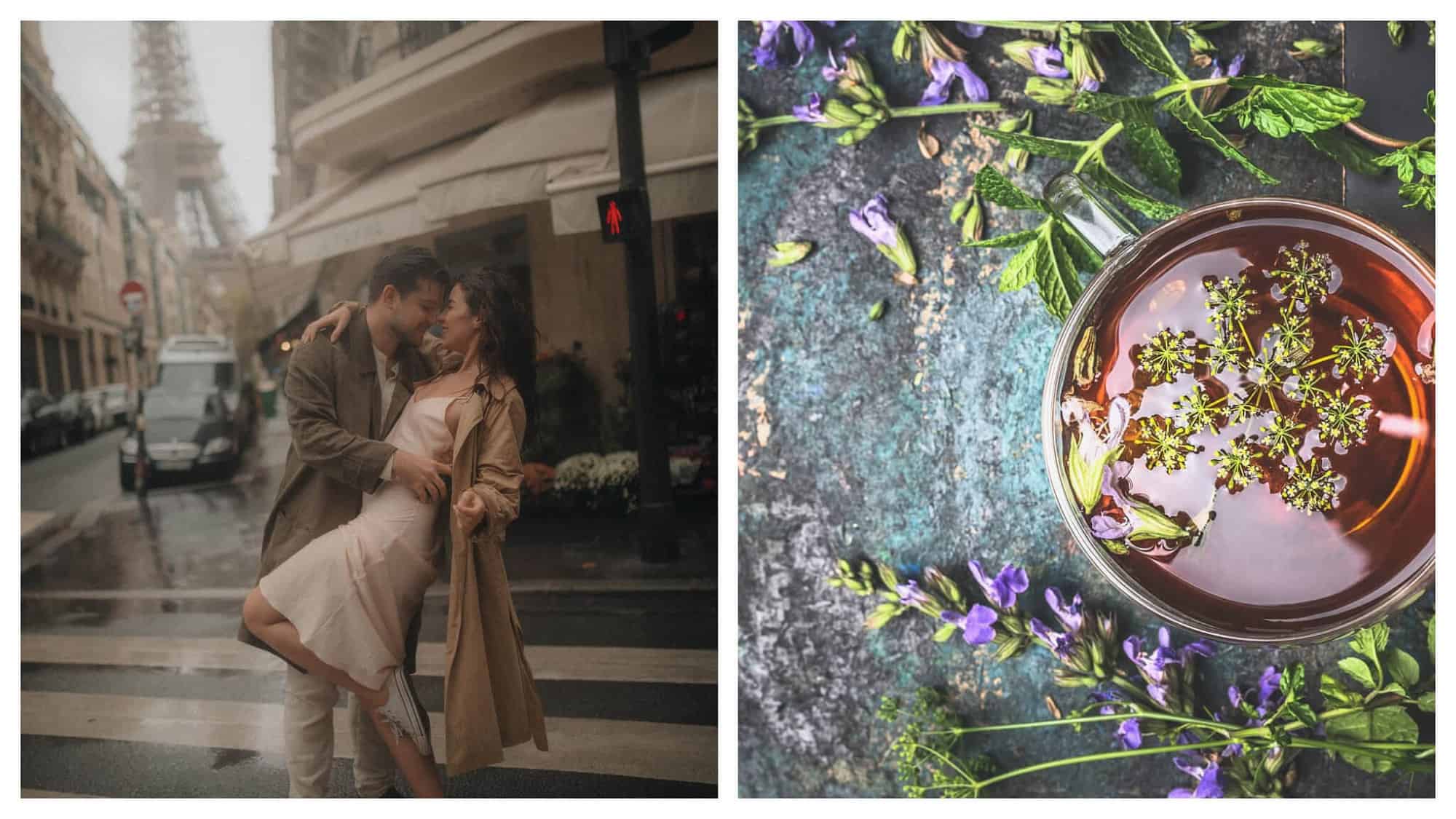 Left: A man and woman are standing in the rain in the middle of a Parisian street, embracing. / Right: A cup of tea is resting on top of a surface, with small flowers around and in the tea.